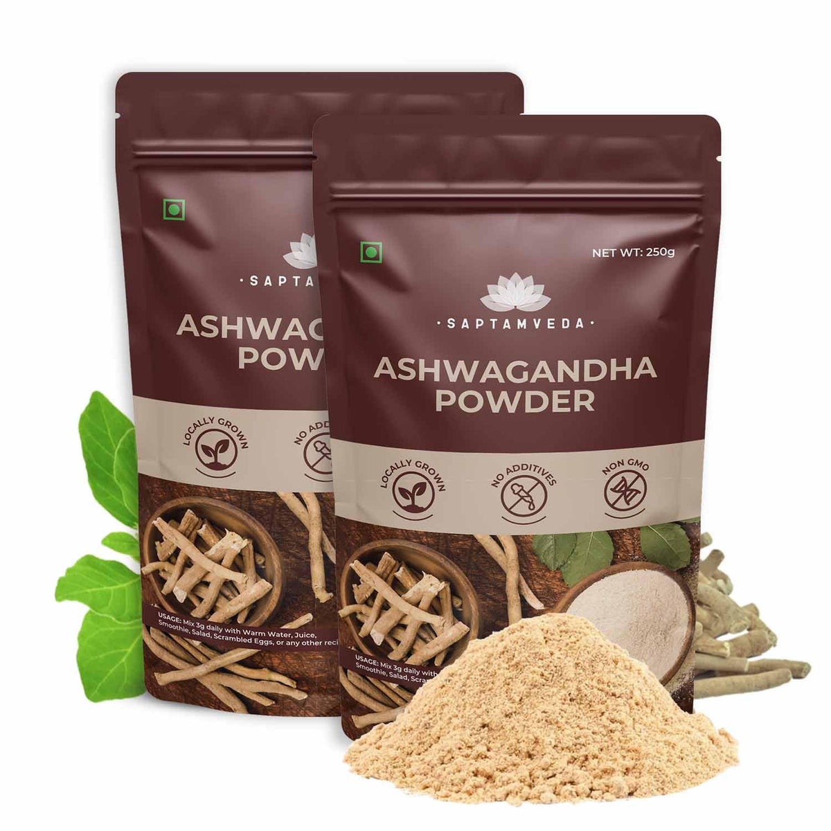 Saptamveda Premium Organic Ashwagandha Roots Powder Withania Somnifera, For Men And Women, Concentrated Extract Ratio Of 5:1. Enhance Your Daily Regimen Effortlessly | 250gm 0.5lbs Each Pack Of 2