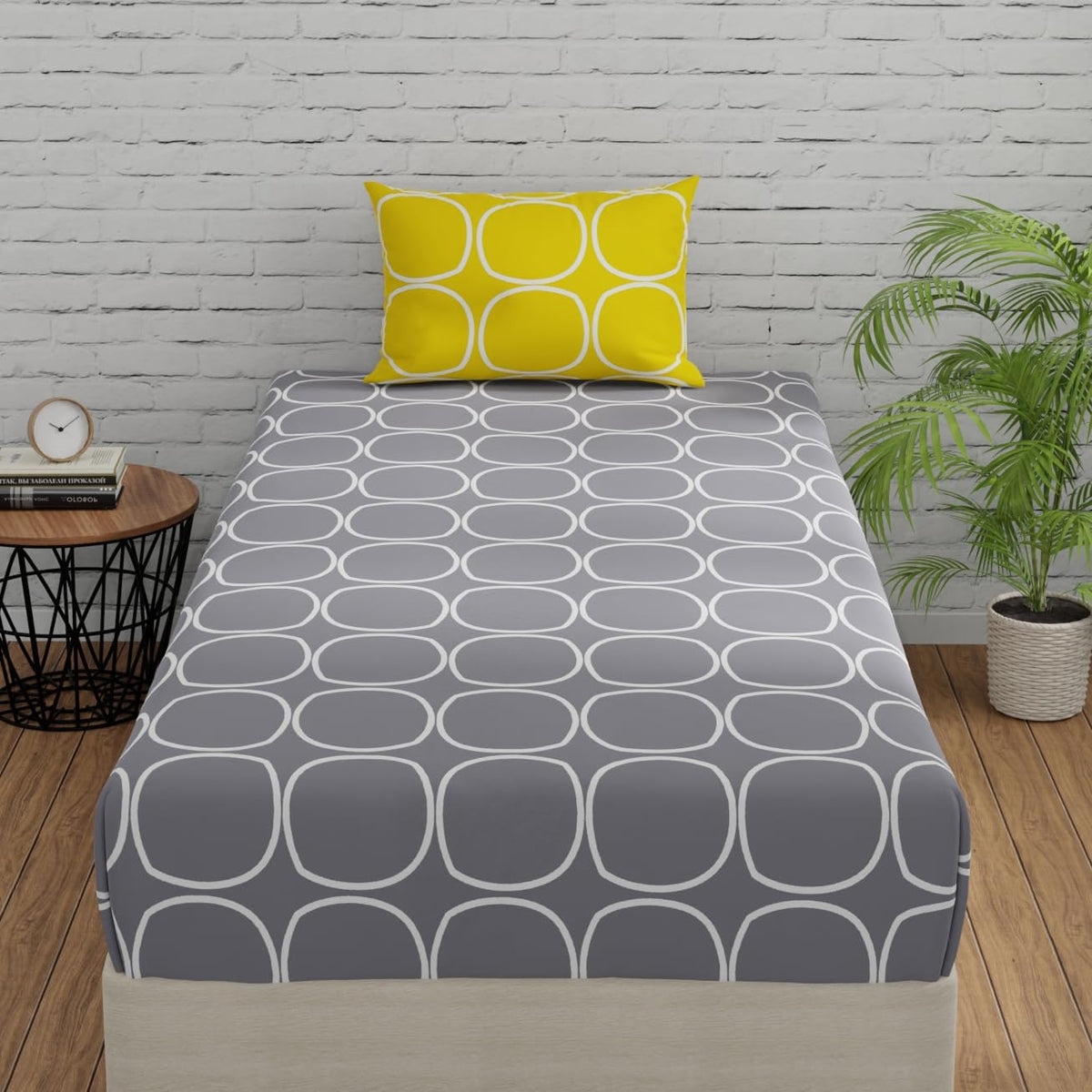 1 Fitted Single Bedsheet Cotton With 1 Pillow Cover - 36 X 78 Inches, Grey & Yellow | Elegant Printed Bedding Set For Daily Use | 144 Thread Count
