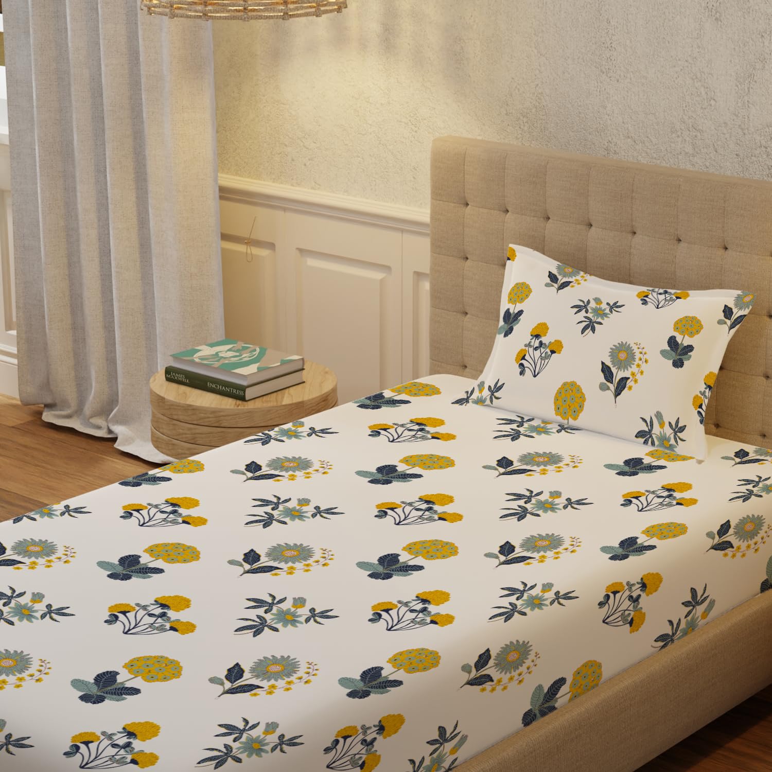 Bedsheet For Single Bed With 1 Pillow Cover | 58 X 90 Inches, White & Yellow - 200 Thread Count Soft & Comfortable | Ideal For Bedroom, Guest Room, House