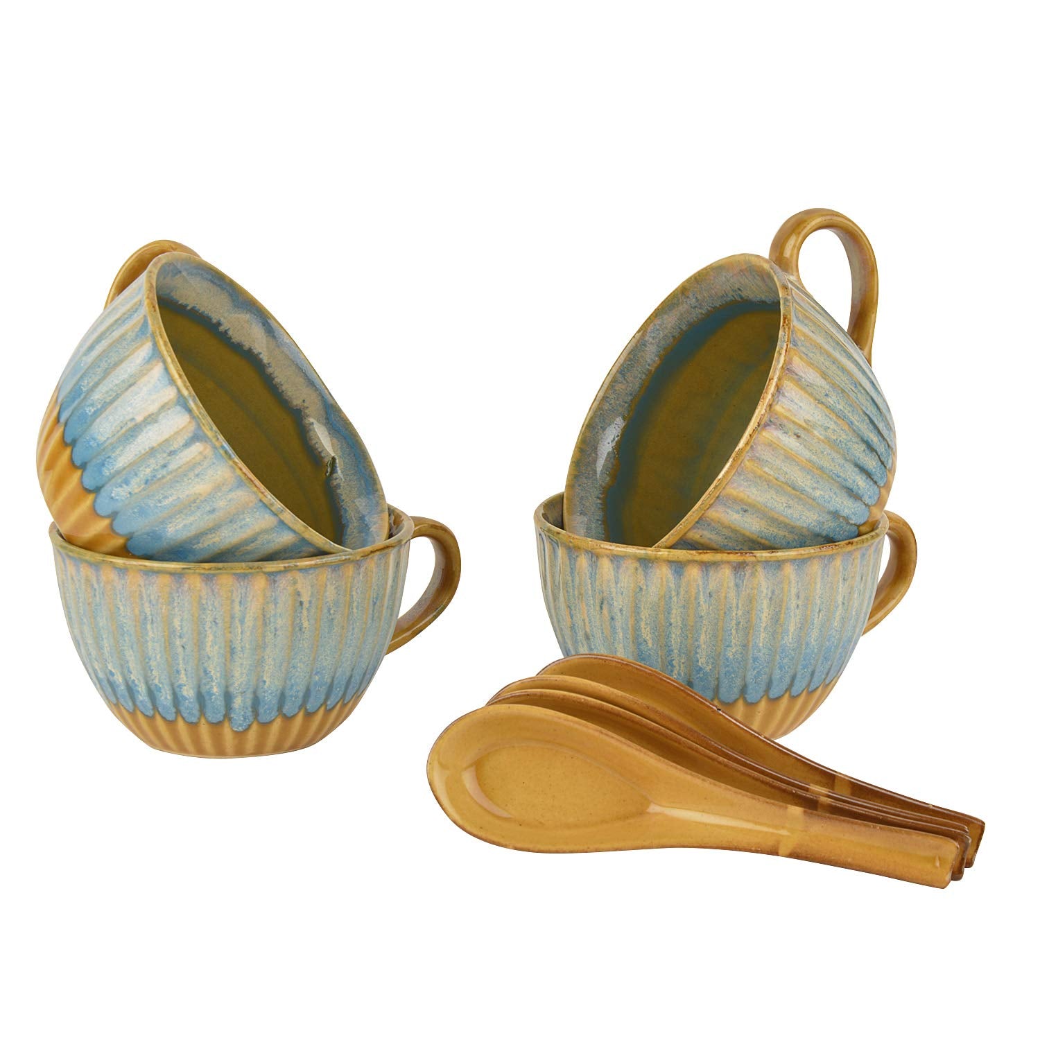 Studio Pottery Hand Glazed Dual Tone Ceramic Soup Cup With Spoon Set Of 4 - 300ml Each, Teal & Sand Yellow | Cereal Cups - Maggi Serving Bowls