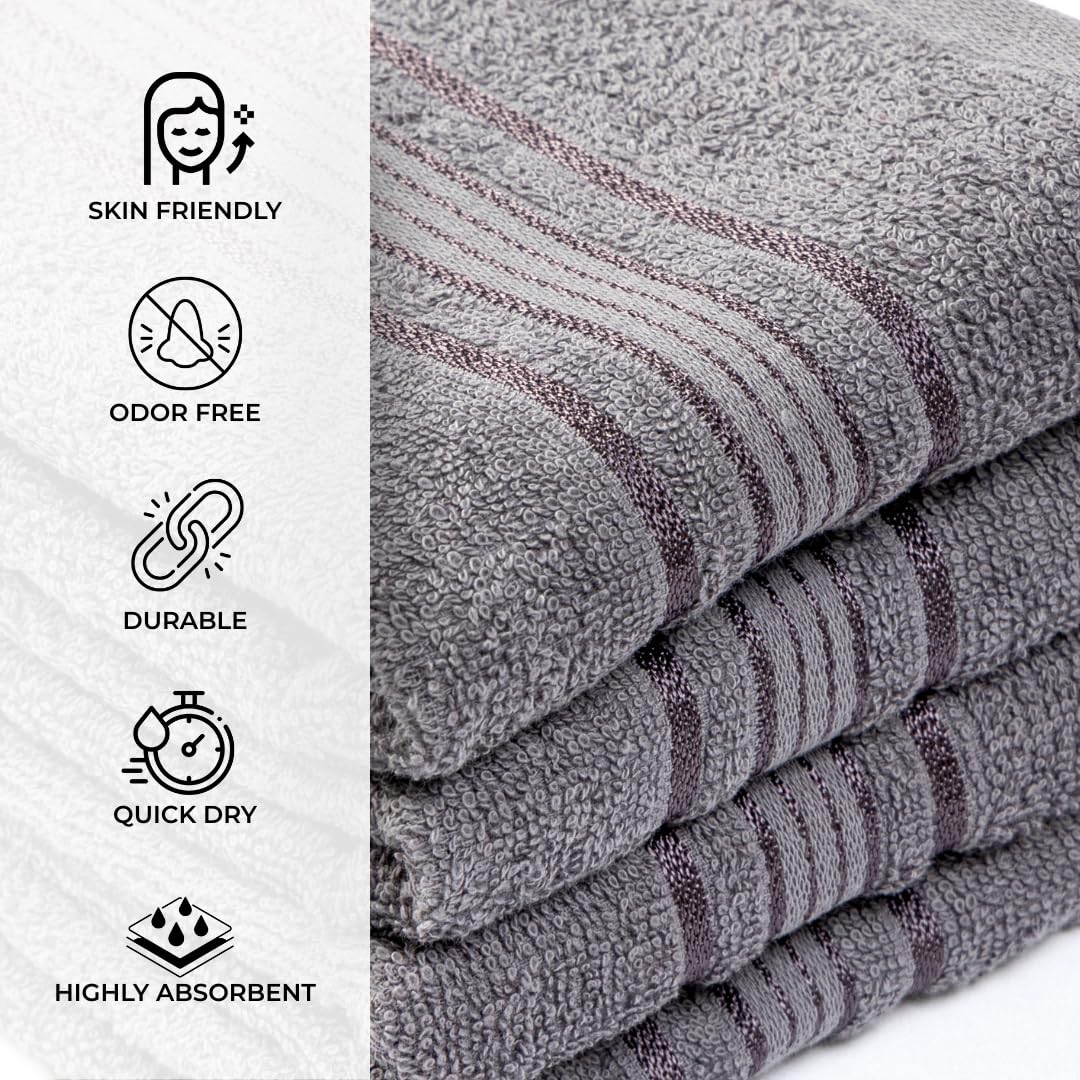 Akiko Home 100% Cotton Essential Series Hand Towels 800 Gsm | Soft, Absorbent & Durable, Cotton Hand Towel For Bathroom Use, Gentle On Skin- Pack Of 4 (Grey)