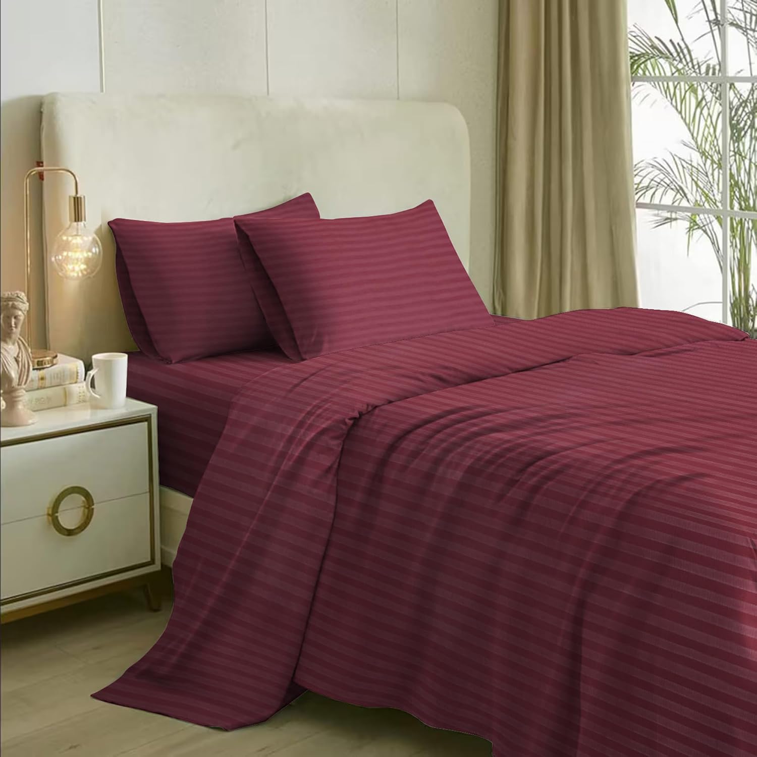 Queen Size Bed Sheet Includes 2 Pillow Covers - 88 X 98 Inches, Wine | Soft & Breathable Cotton Bedsheet For Double Bed | Ideal For Daily Home Use