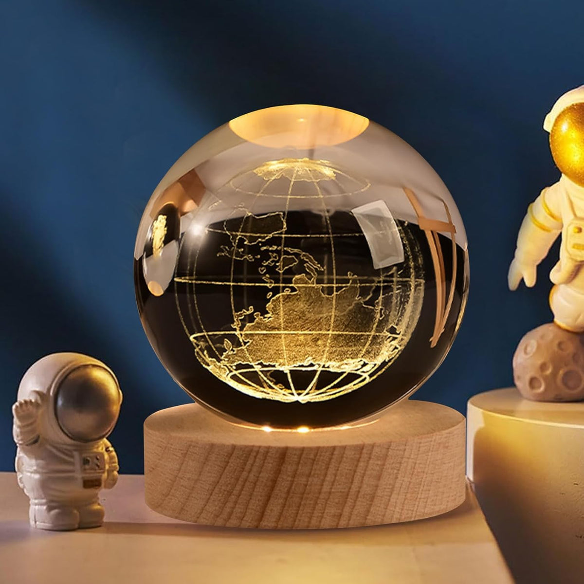 3D Earth Crystal Ball Night Light Glass Ball Night Lamp With Wooden Base, Led Galaxy Planet Night Light Bedroom Decor For Multi Purpose Warm White Light (Globe) Pack Of 1