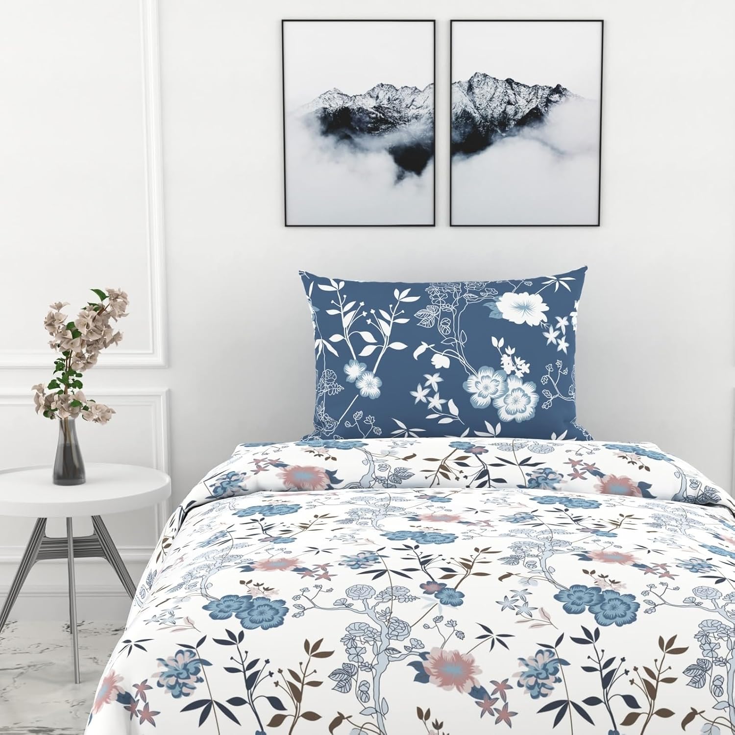 1 Single Bedsheet & 1 Pillow Cover - 54 X 84 Inches, Dusty Blue & White | Coordinated Look For Your Bedding | Durable & Easy To Maintain