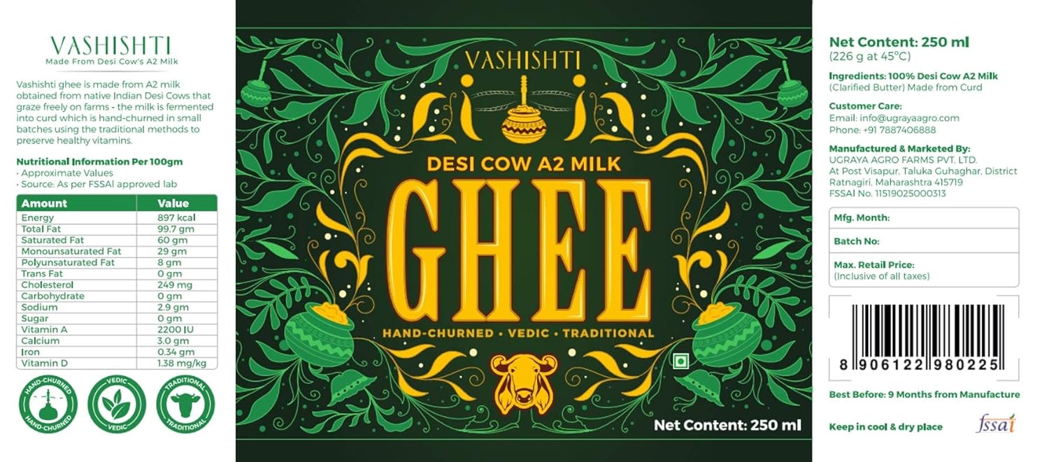 100% Natural Desi A2 Cow Ghee By Vashishti | Traditionally Made With Bilona Method Healthy Cow Ghee For Strong Bones | (250ml) 8.4 Ounce | Jar Pack