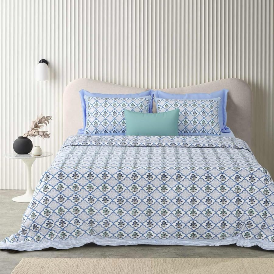 Double Bedsheet For King Size With 2 Matching Pillow Covers (90 X 108 Inches) Sky Blue | Pure Cotton Jaipuri Bedsheet | Cotton Bedsheet Is Suitable For All Seasons