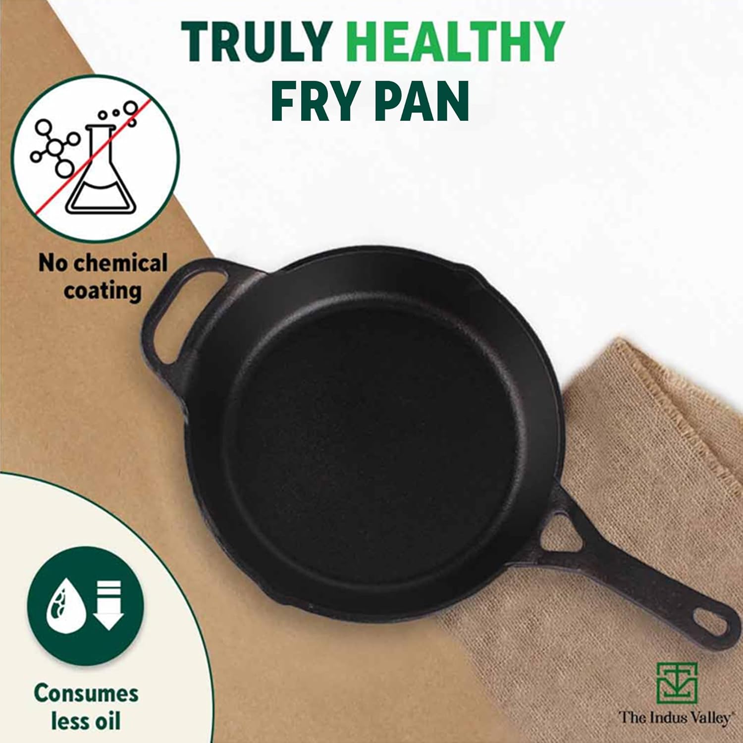 Pre-Seasoned Black Cast Iron Fry Pan Or Skillet With Long Handle - Medium 26.2cm, 10.3 Inch, 1.8 Ltr, 2.3 Kg | Induction Friendly, Nonstick Fry Pan, 100% Pure & Toxin Free, No Chemical Coating