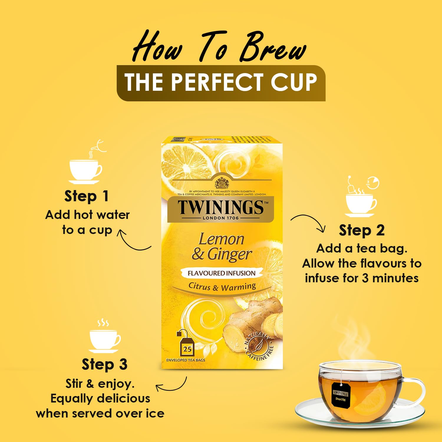 Twinings Lemon & Ginger Tea - 25 Enveloped Tea Bags | Citrus & Warming Flavored Infusion Tea - Medium Caffeine, Rich In Antioxidants