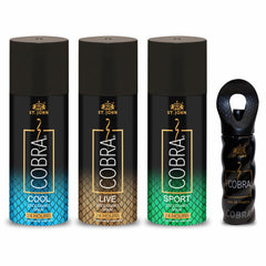 St. john Cobra Live, Cool, Sport Deodorant Spray 450ml 15.2 Fl.oz. & Cobra Eau De Perfume 30ml 1.0 Fl.oz. Pack Of 4 | Perfect Gift Set For Unisex