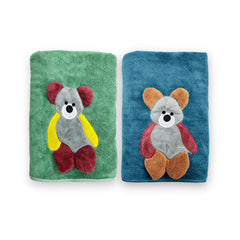 Maxoshine Microfiber Kids Bath Towels 300 Gsm | Quick Drying Towels Kids-Teddy Bear Print Baby Towel For Boys & Girls Pack Of 2 (Blue & Green)