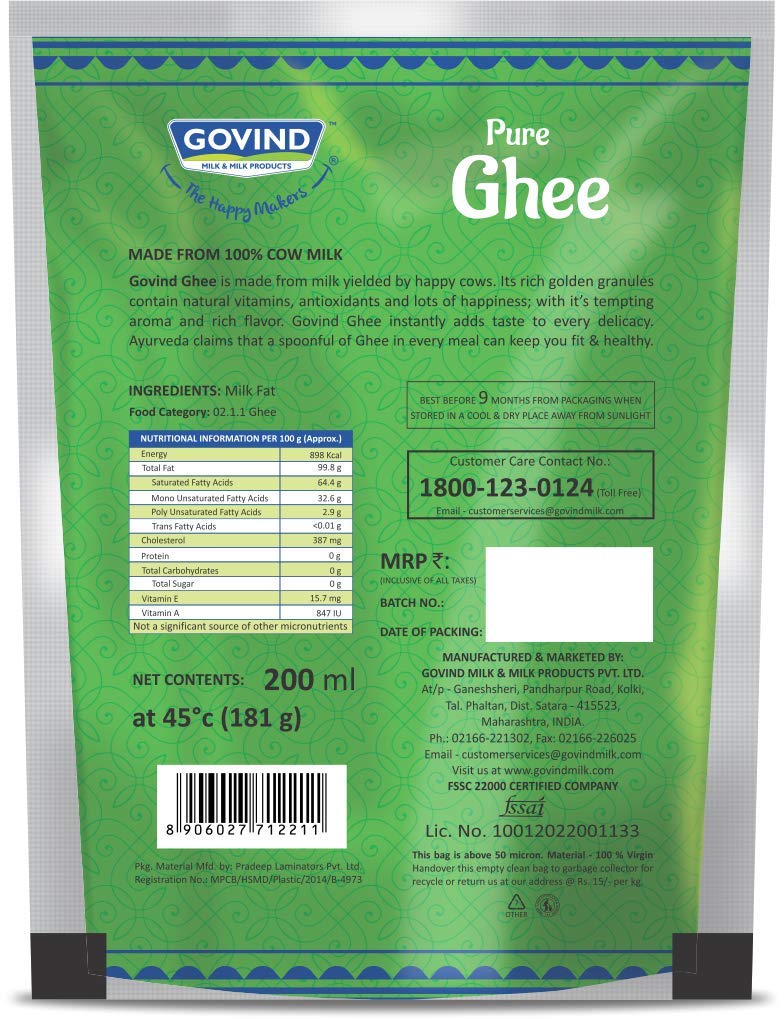 Premium Pure Cow Ghee By Govind | Rich In Vitamins A, D & E Healthy Nutrients Desi Ghee Good For Supports Digestion | 400ml (200ml * 2) 13.5 Ounce | Pouch Pack