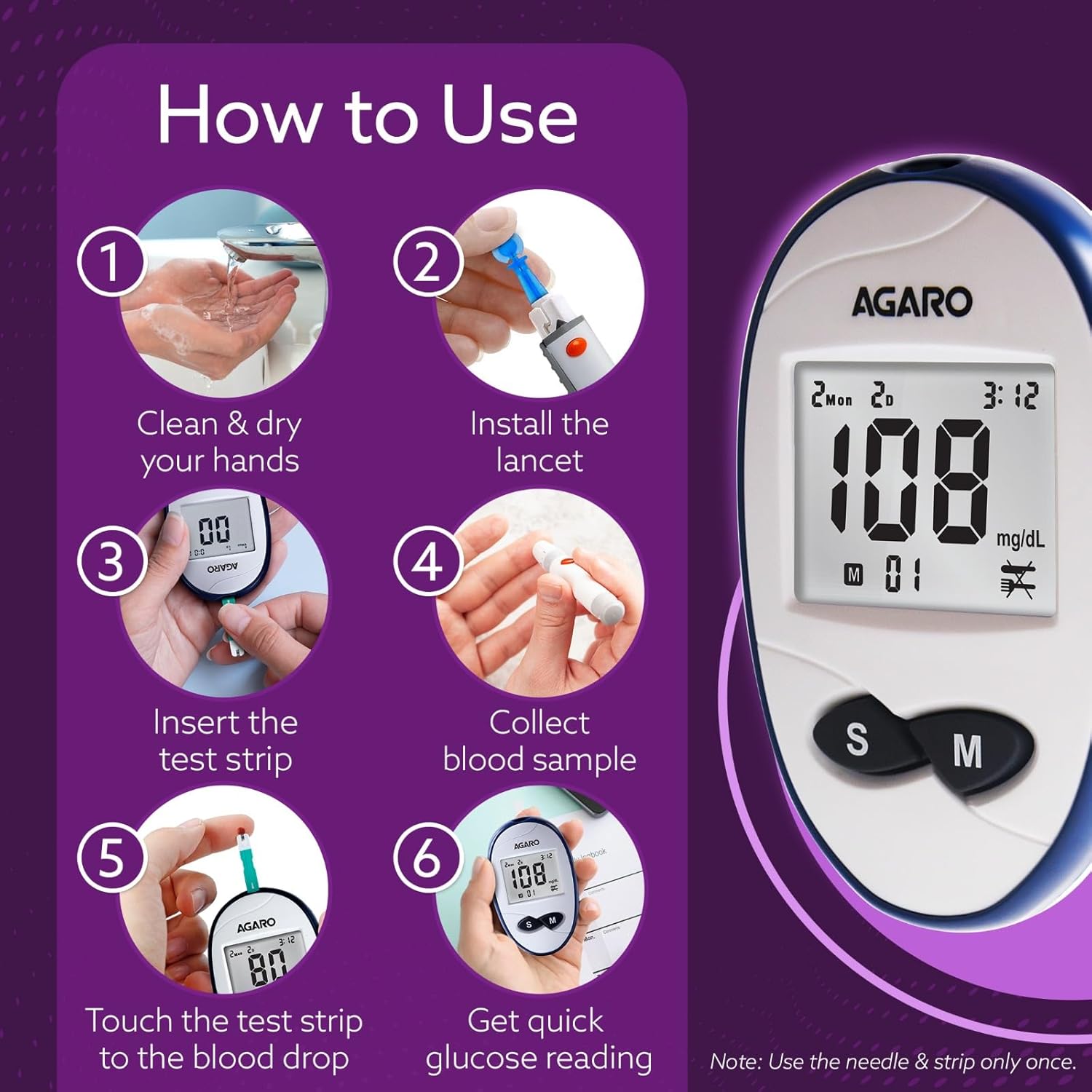 Agaro Glucometer, Blood Glucose Monitoring System with 10pcs Strips & Lancets, Glucometer Machine, Instant Blood Sugar Test at Home, Fast Blood Sugar Testing Device, Simple & Accurate, GLM-76.