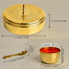 Premium Pure Brass Floral Etched Indian Spice Box For Kitchen With Spoon - 7 Containers, 80ml Each, Golden, Diameter - 7.2 Inches, Weight - 850gm | Peetal Masala Dani, Masala Dabba