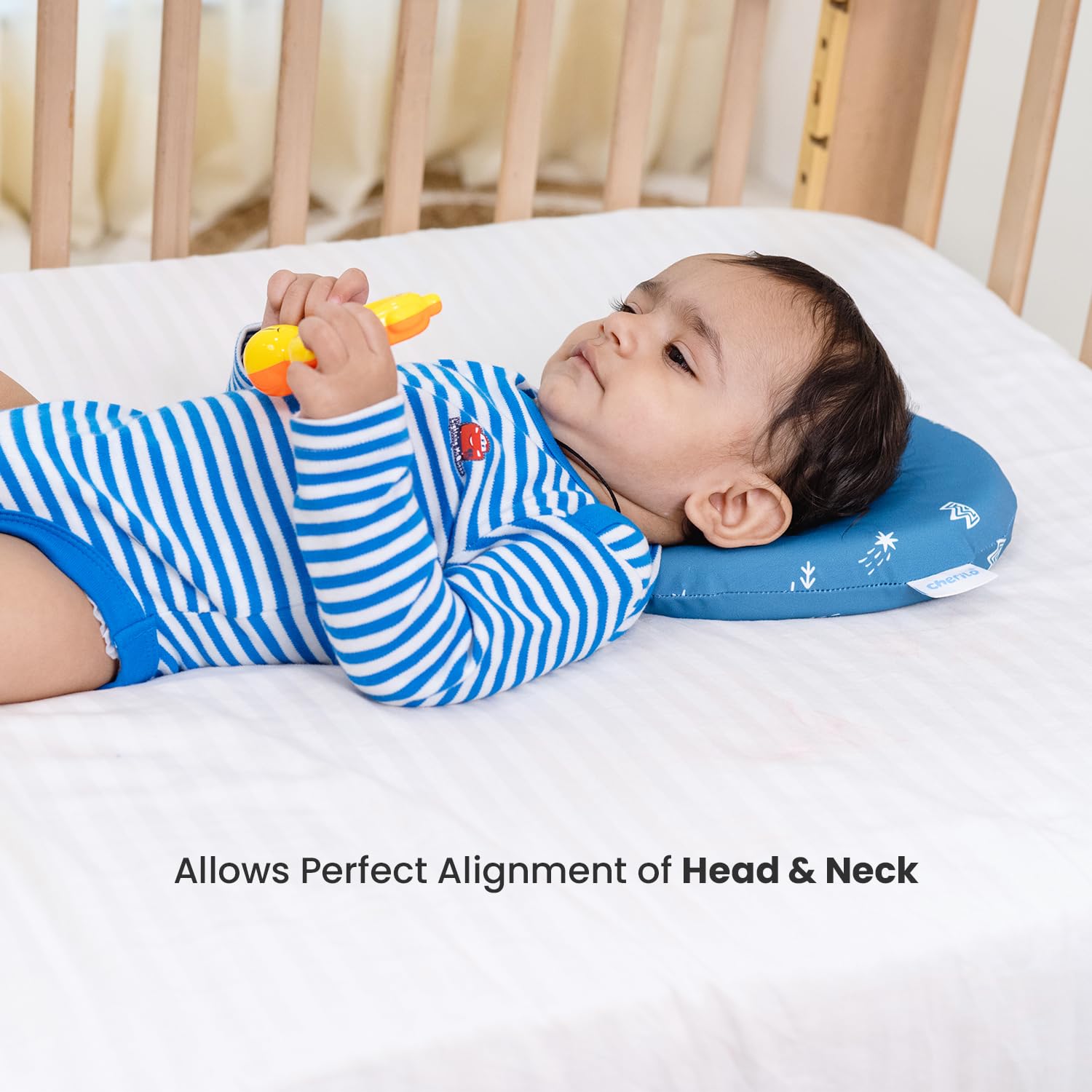 Memory Foam Baby Pillow For New Born, Head Shaping Baby Pillow, Blue Pillow - 23 X 23 X 4 Cm | For 0 To 12 Months For Preventing Flat Head Syndrome, Cherry Shape, Royal Stars - 1 Piece