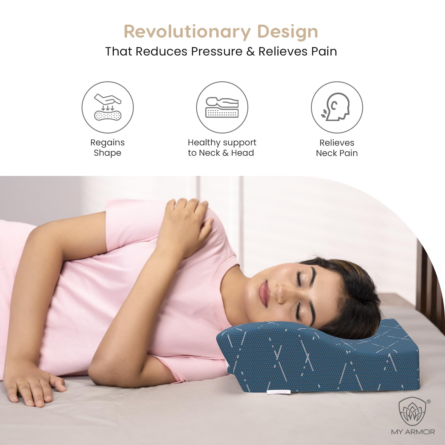 Cool Gel Cervical Pillow For Spondylitis Neck, Orthopedic Design, Memory Foam Pillow, Blue Checks Cover, Size - 18.5 X 11 X 3.5 Inches, Sleeping Contour Support, Regular Use - 1 Pillow