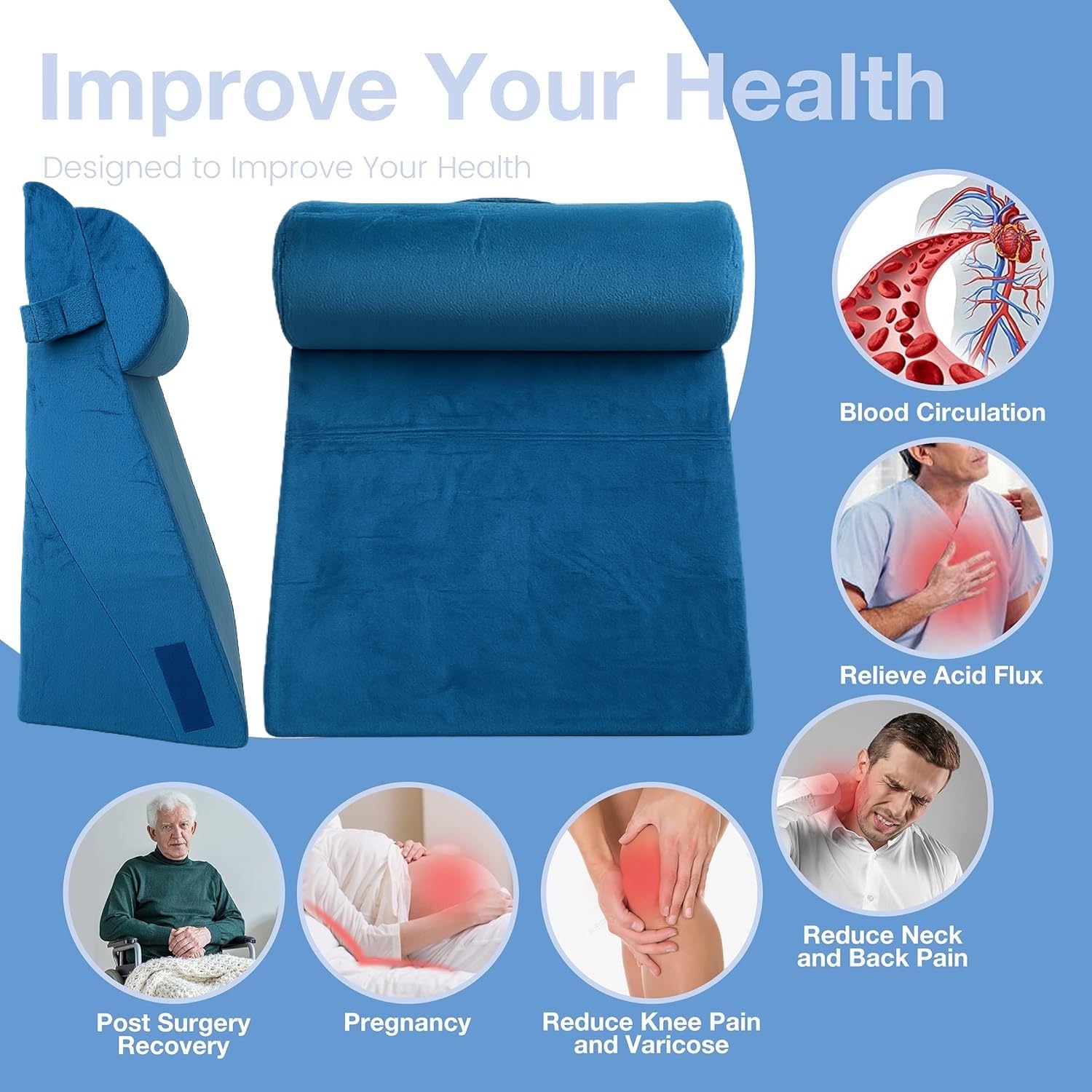 Orthopedic Bed Wedge Pillow With Head Rest, Adjustable Wedge Cushion For Sleeping - Navy Blue | Acid Reflux, Heartburn, Leg Support Pillow, Back Support | Comfortable, Pregnancy Pillow