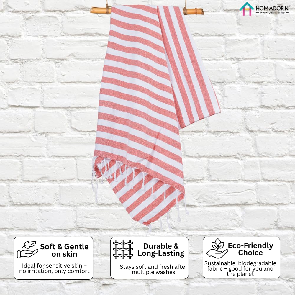 Homadorn 100% Cotton Striped Fouta Bath Towels 350 Gsm | Soft Quick Dry & Absorbent Hand-Knotted Tassels | Turkish Hamam Towel (Peach - White)