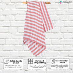 Homadorn 100% Cotton Striped Fouta Bath Towels 350 Gsm | Soft Quick Dry & Absorbent Hand-Knotted Tassels | Turkish Hamam Towel (Peach - White)