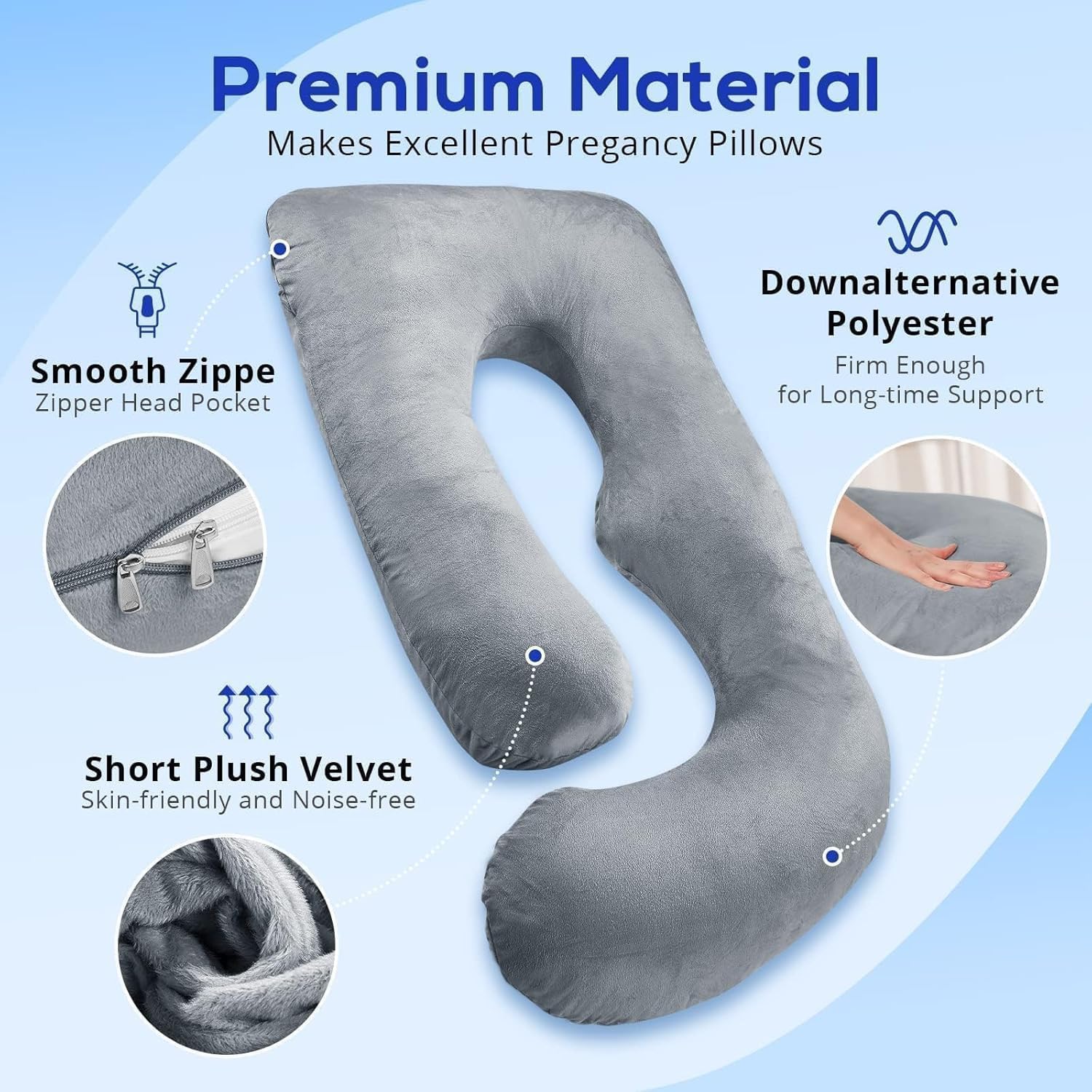 J Shape Pillow, Maternity Pillow For Pregnant Women, Full Body Support, Grey Color | Pregnancy Pillows For Pregnancy Sleeping, Velvet Cover, Adjustable, Removable Cover, Breathable