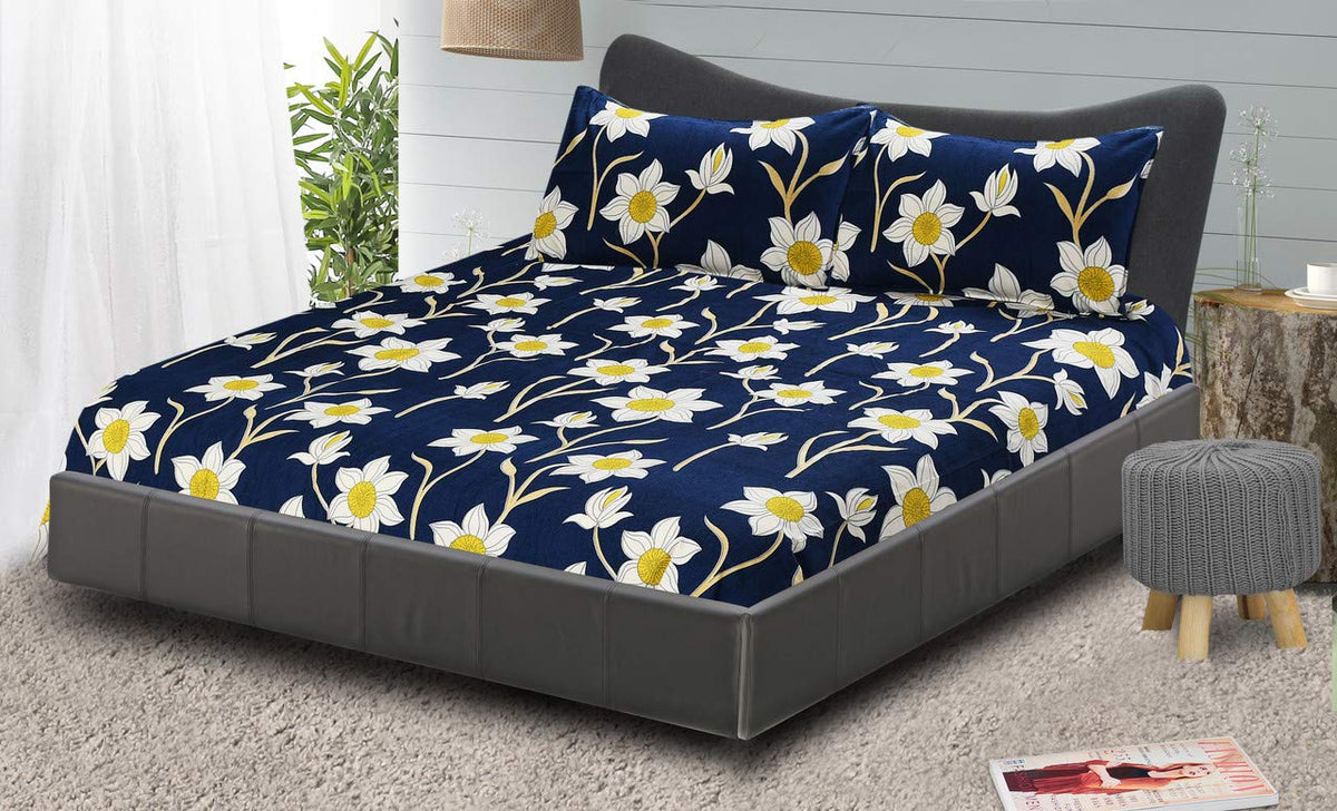 King Size Bedsheet With Two Pillow Cover (Size - 78 X 72 Inches, Royal Blue) | Elastic Fitted Floral Bedsheet | Best For Festival Gifting