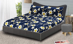 King Size Bedsheet With Two Pillow Cover (Size - 78 X 72 Inches, Royal Blue) | Elastic Fitted Floral Bedsheet | Best For Festival Gifting