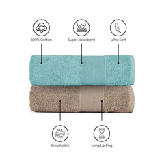 Haus & Kinder Harmony Combed Bath Towel 500 Gsm | Cotton Towel For Men & Women | Towels For Gym, Spa | Blue & Taupe | Pack Of 2