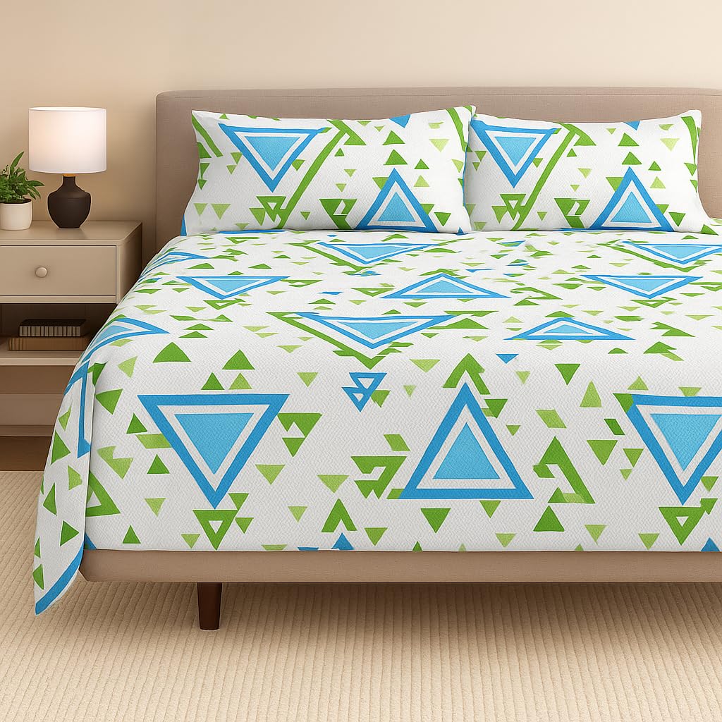 Double Bedsheet For Queen Size With 2 Matching Pillow Cover - 90 X 100 Inches, Sky Blue & Green | Breathable & Durable, Soft Touch & Perfect For All Seasons