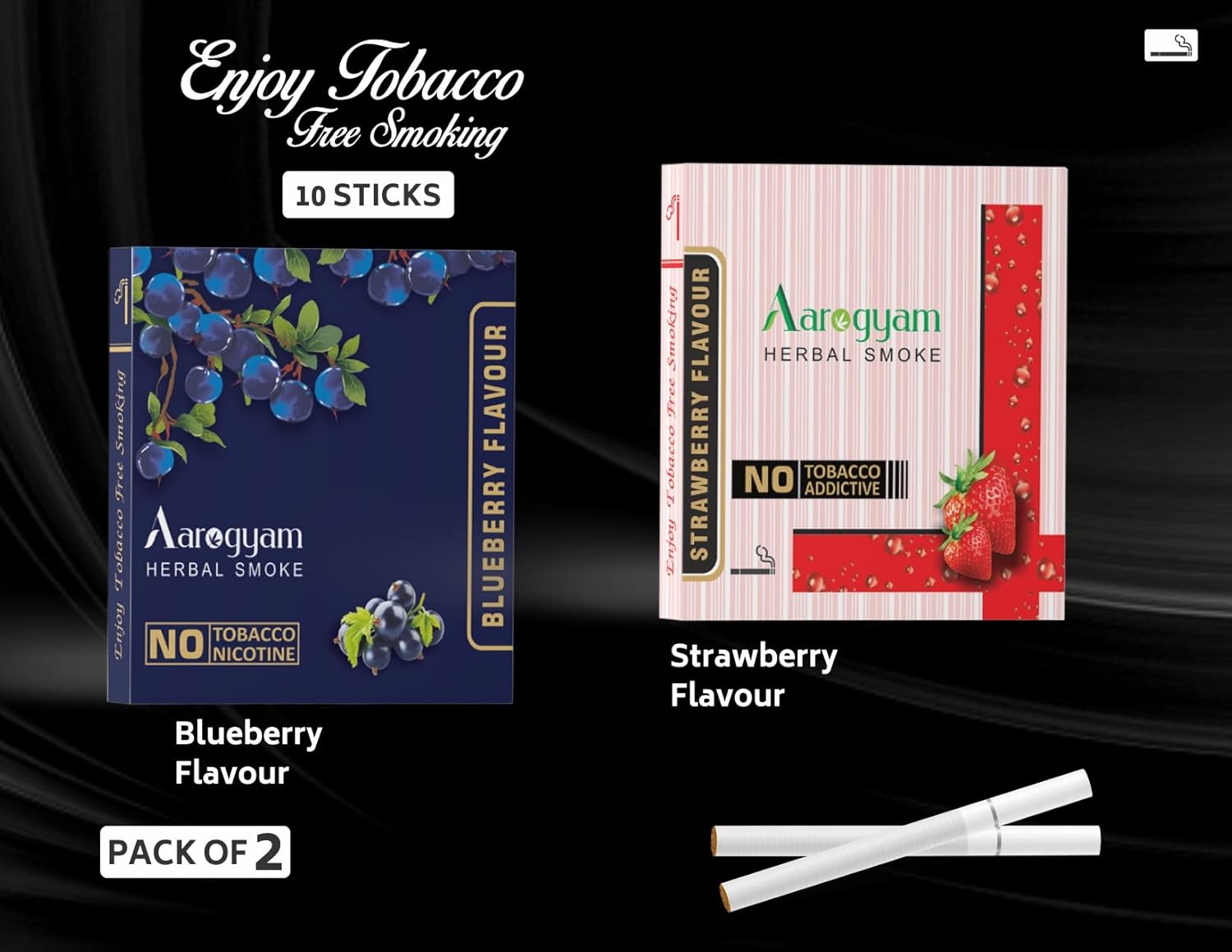 Aarogyam Herbals Pack Of 2 Flavours 100% Tobacco & Nicotine Free Cigarette For Relieve Stress & Mood Enhance Product Strawberry, Blueberry - 10 Sticks X 2 Packets