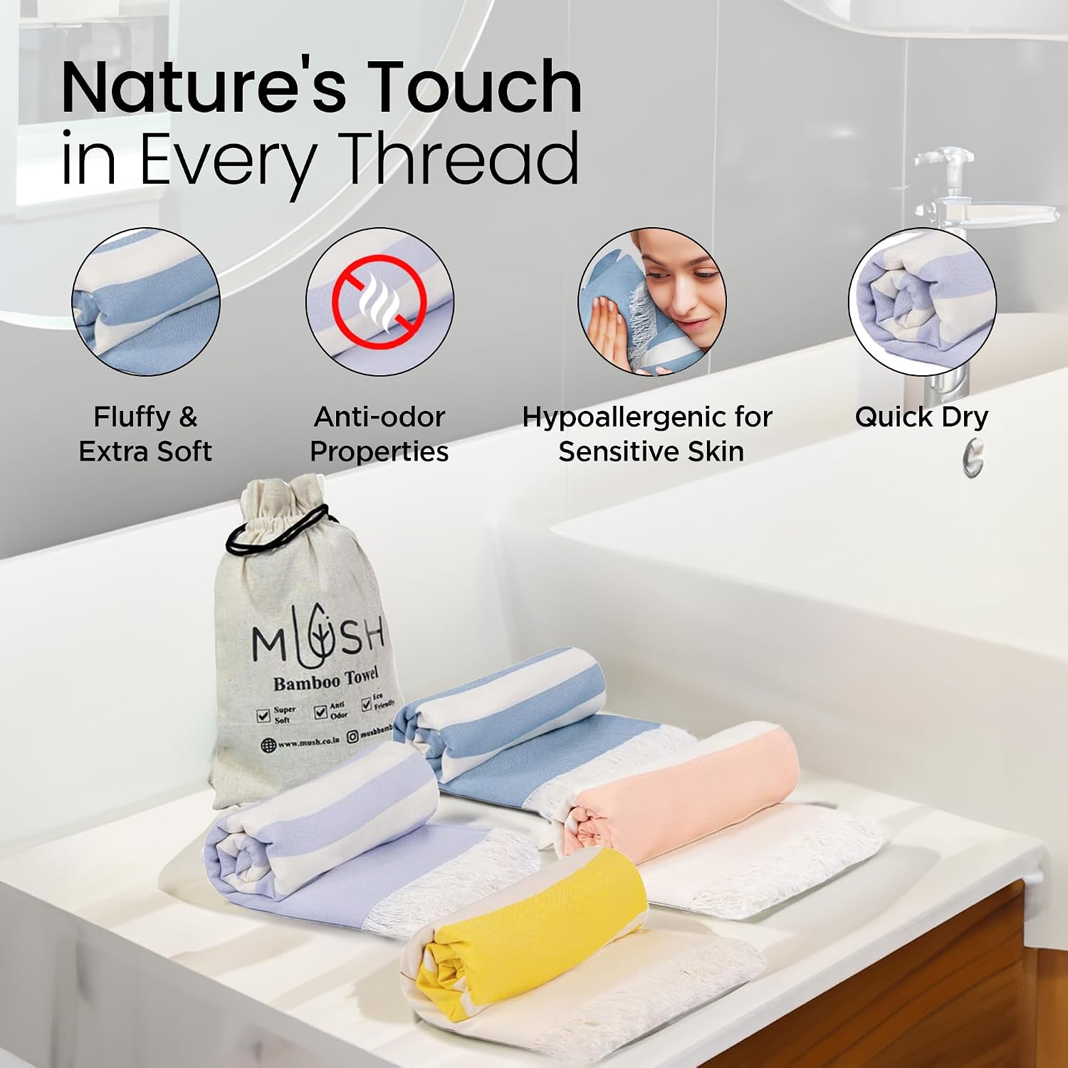 Mush 100% Bamboo Ultra-Compact Turkish Towel | Super Soft, Absorbent, Quick Dry, Anti-Odor Bamboo Towel (4, Ice Melt Blue, Yellow, New Peach, Muted Blue) 250 Tc