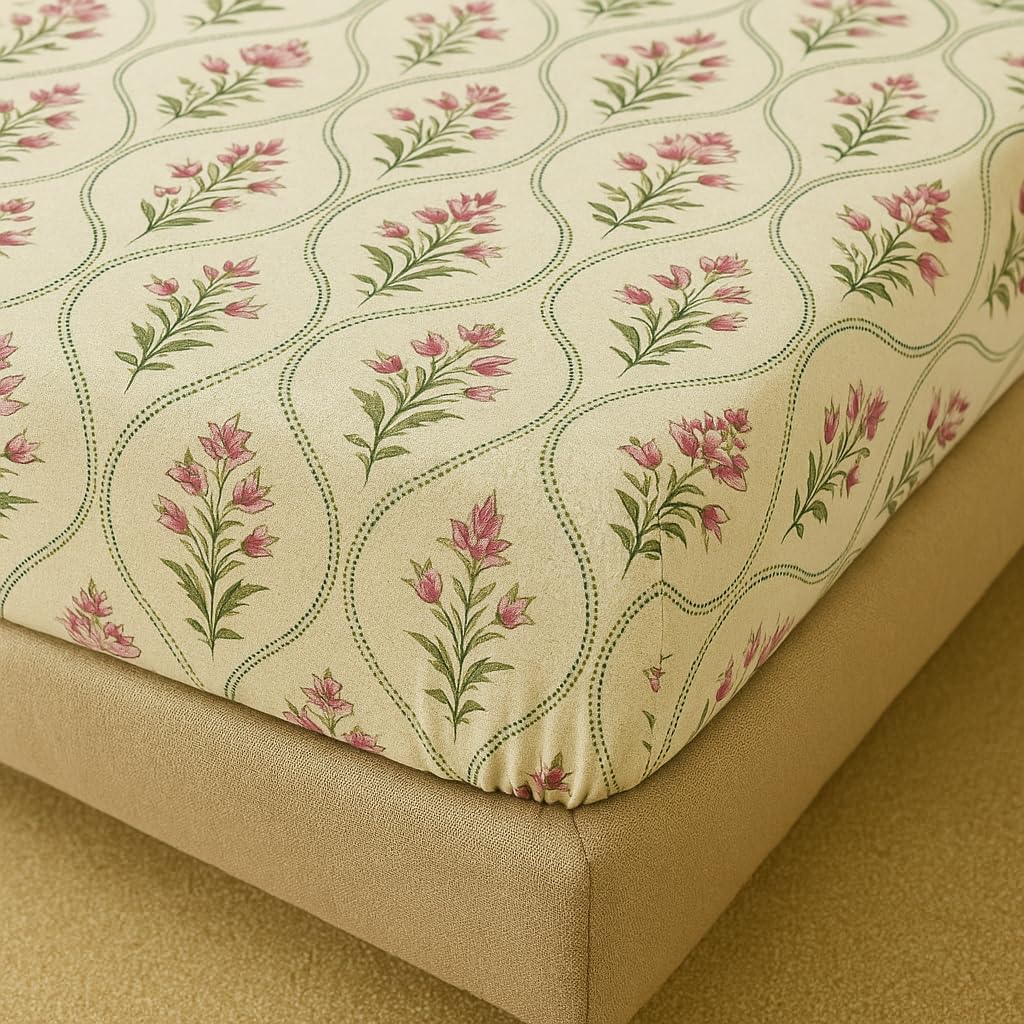 Premium Cotton Single Bedsheets With 1 Pillow Covers - 72x36+6 Inches, Beige | Printed Single Sheet Super Soft Breathable & Wrinkle Free