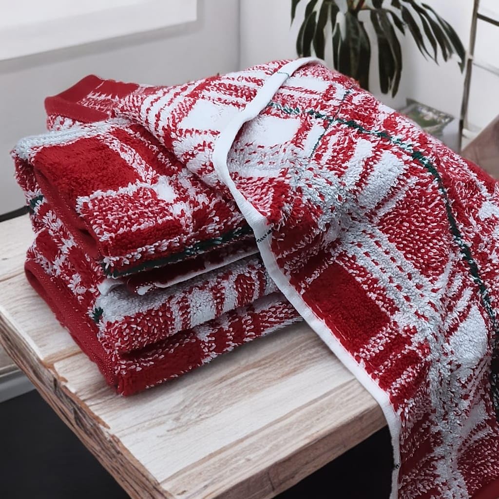 Cotton Bolls Textiles 100% Cotton Extra Large Hand Towels 650 Gsm | Ultra Soft, Highly Absorbent For Gym, Kitchen, Pool, Travel & Home (Red Check) - Set Of 4
