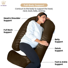Full Body J Shape Pregnancy Pillow For Women, Maternity Pillow, Brown Color | Pillow Gift For Pregnancy Sleeping, Premium Velvet Cover With Zip | Adjustable & Washable Pillow