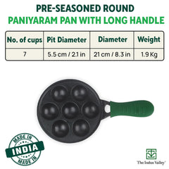 Super Smooth Black Cast Iron Paniyaram Pan With Silicon Grip - Very Small, 7 Pits, 21cm, 8.3 Inch, 1.9 Kg | Nonstick, Pre-Seasoned Appe Or Paddu Pan, 100% Pure & Toxin-Free, No Chemical Coating