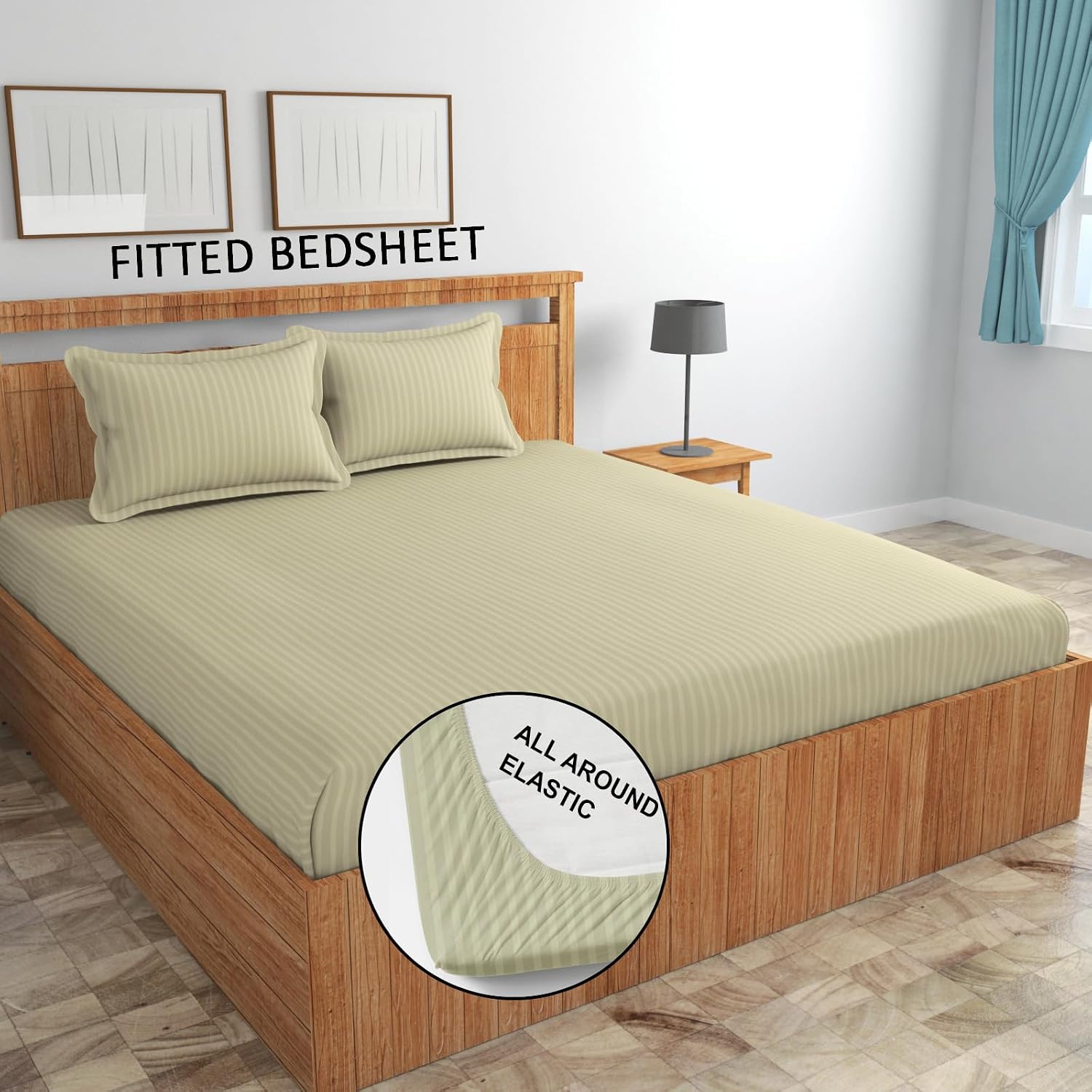 Cotton Elastic Fitted King Size Double Bed Bedsheet With 2 Pillow Covers - 72x78x6 Inches, Ecru | Durable Bedsheets For Everyday Comfort