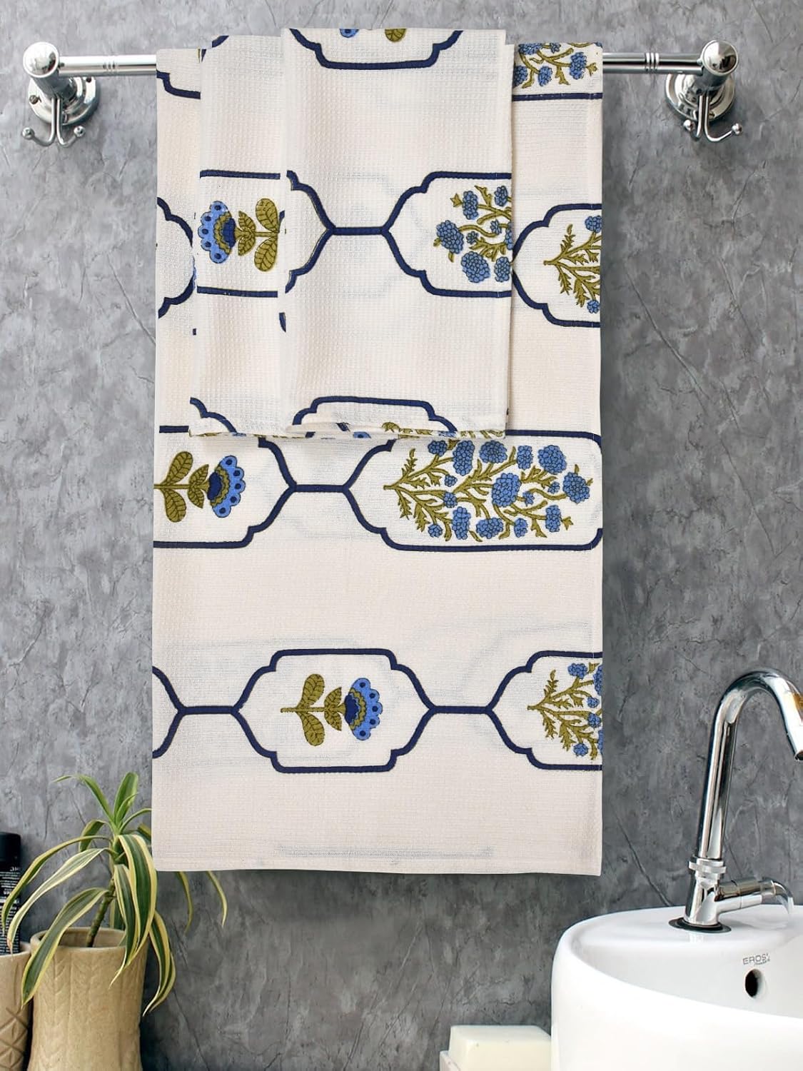 Mafatlal Madhuban Premium Cotton 1 Bath & 2 Hand Towel 700 Gsm | Hand Printed, Indian Floral Craft Towel (White Cream) - 3 Pcs