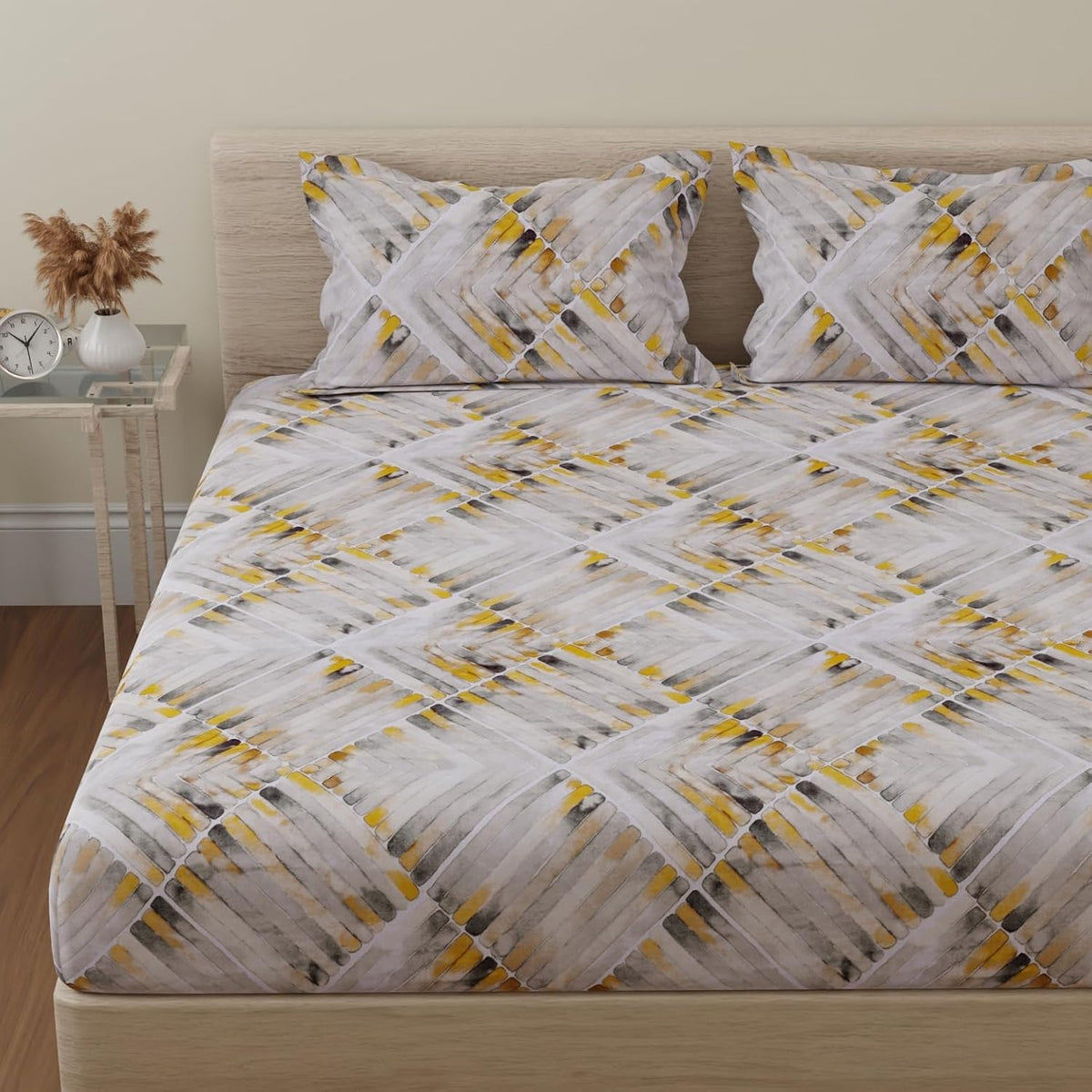 Flat 1 King Size Bedsheet With 2 Pillow Covers - 110 X 108 Inches, Grey & Yellow | Soft & Comfortable Feel To Your Skin | Machine Wash In Cold Water