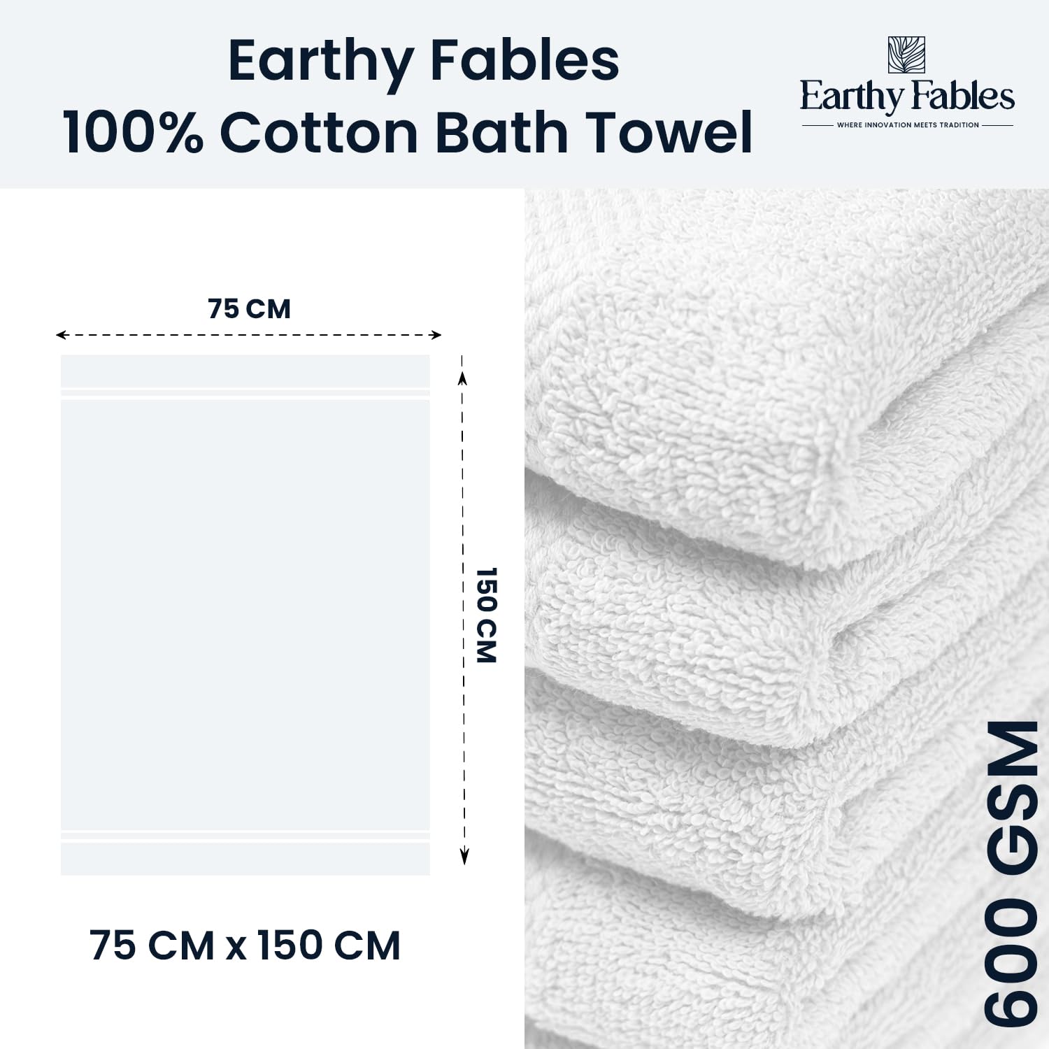Earthy Fables Premium Bath Towel 600 Gsm | 100% Combed Cotton Ultra Soft, Quick Dry & Highly Absorbent For Home, Travel & Acne-Prone Skin (White)