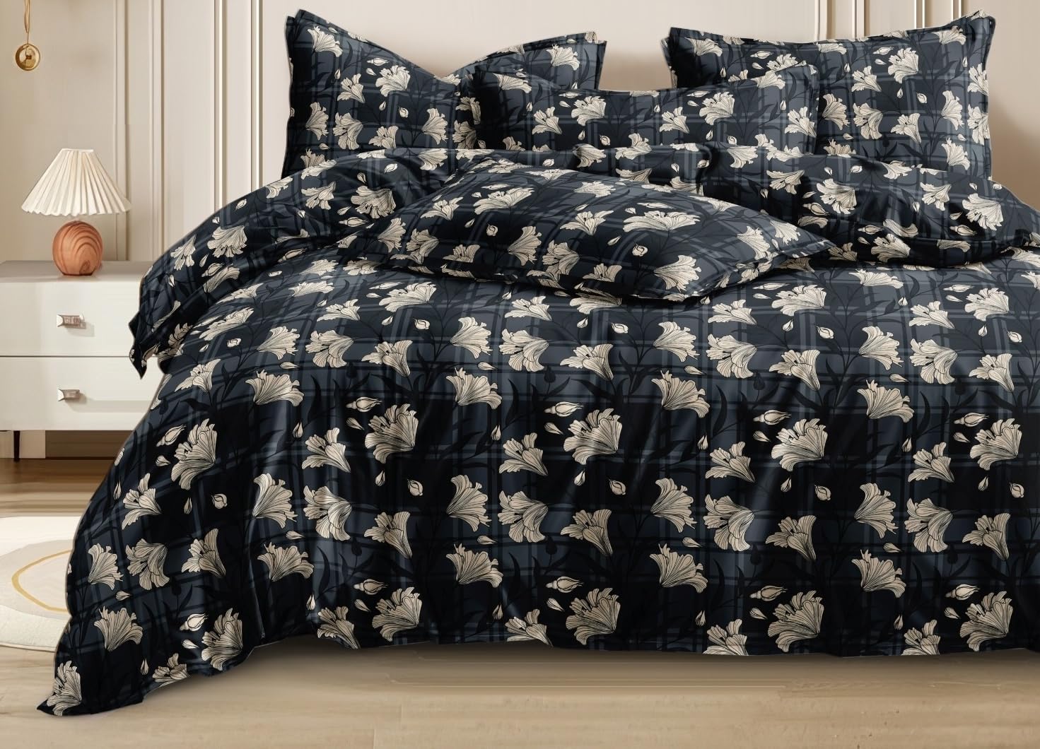 Double Bed King Size Bedsheet With 2 Pillow Cover - 72 X 72 Inches, Black | Cotton Elastic Fitted Printed Bedsheet | Ideal For Home Decor, Hotel, Guest House