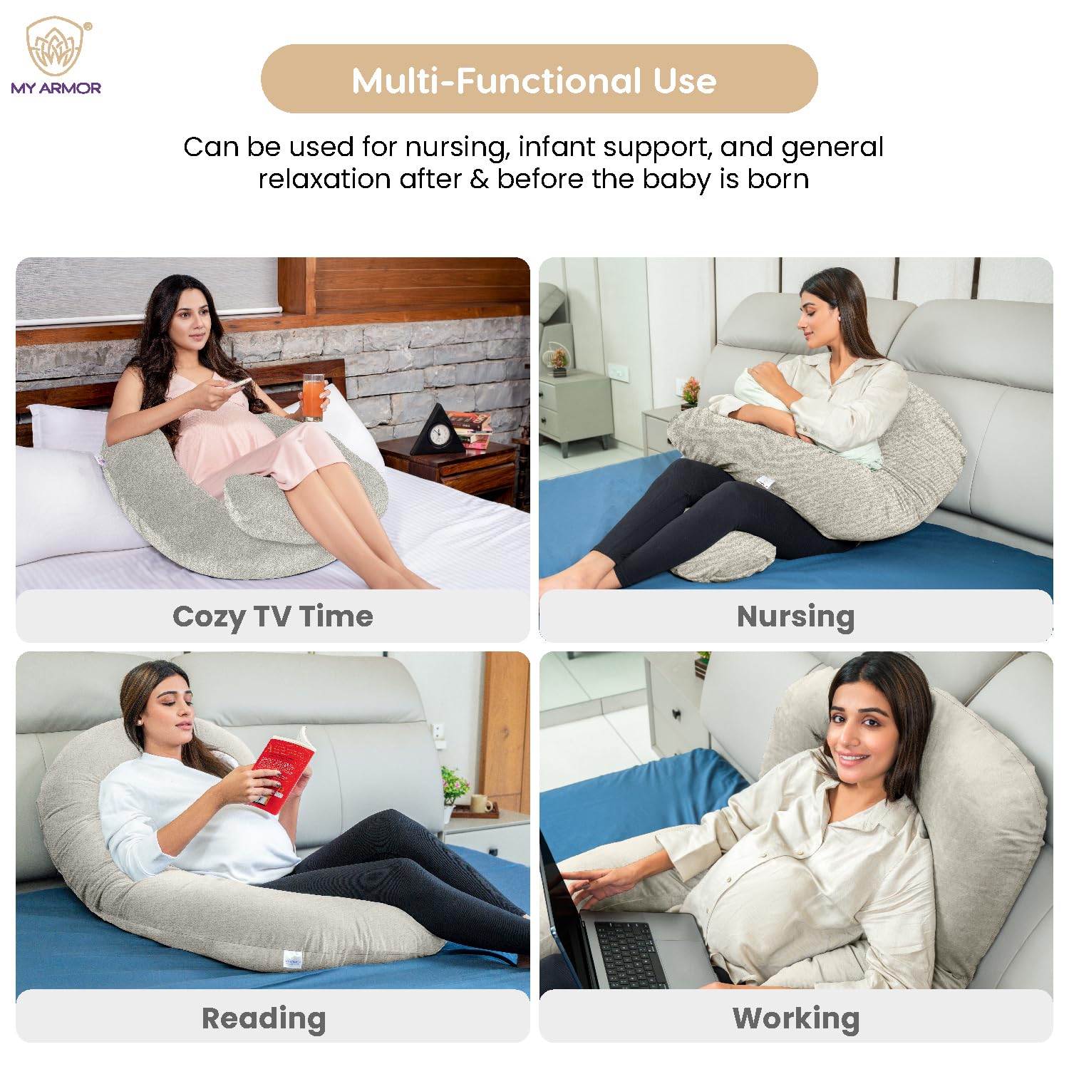 Full Body J Shape Pregnancy Pillow For Women, Maternity Pillow, Cream Color | Pillow Gift For Pregnancy Sleeping, Premium Velvet Cover With Zip | Adjustable & Washable Pillow