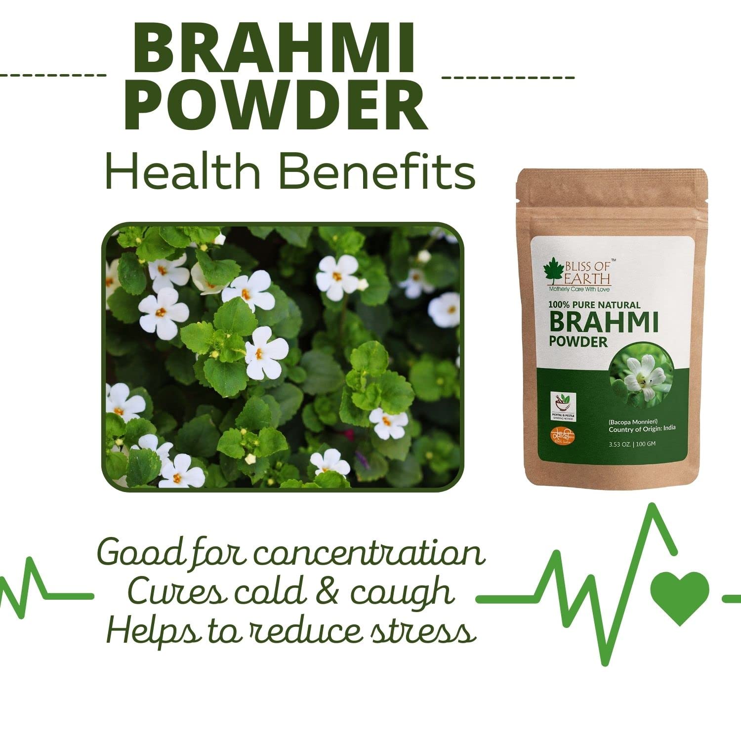 Bliss Of Earth 100% Pure & Natural Brahmi Powder Bacopa Monnieri, Health & Wellness Essentials | 100gm 0.2lbs Each Pack Of 2