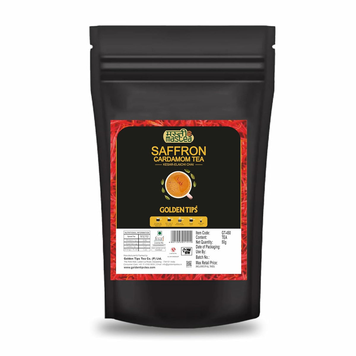 Golden Tips Saffron Cardamom Tea - 50gm, 1.7 Ounce | Exotic Robust CTC Chai - Kesar Elaichi Chai | Caffeine Free, Artificial Flavor Free