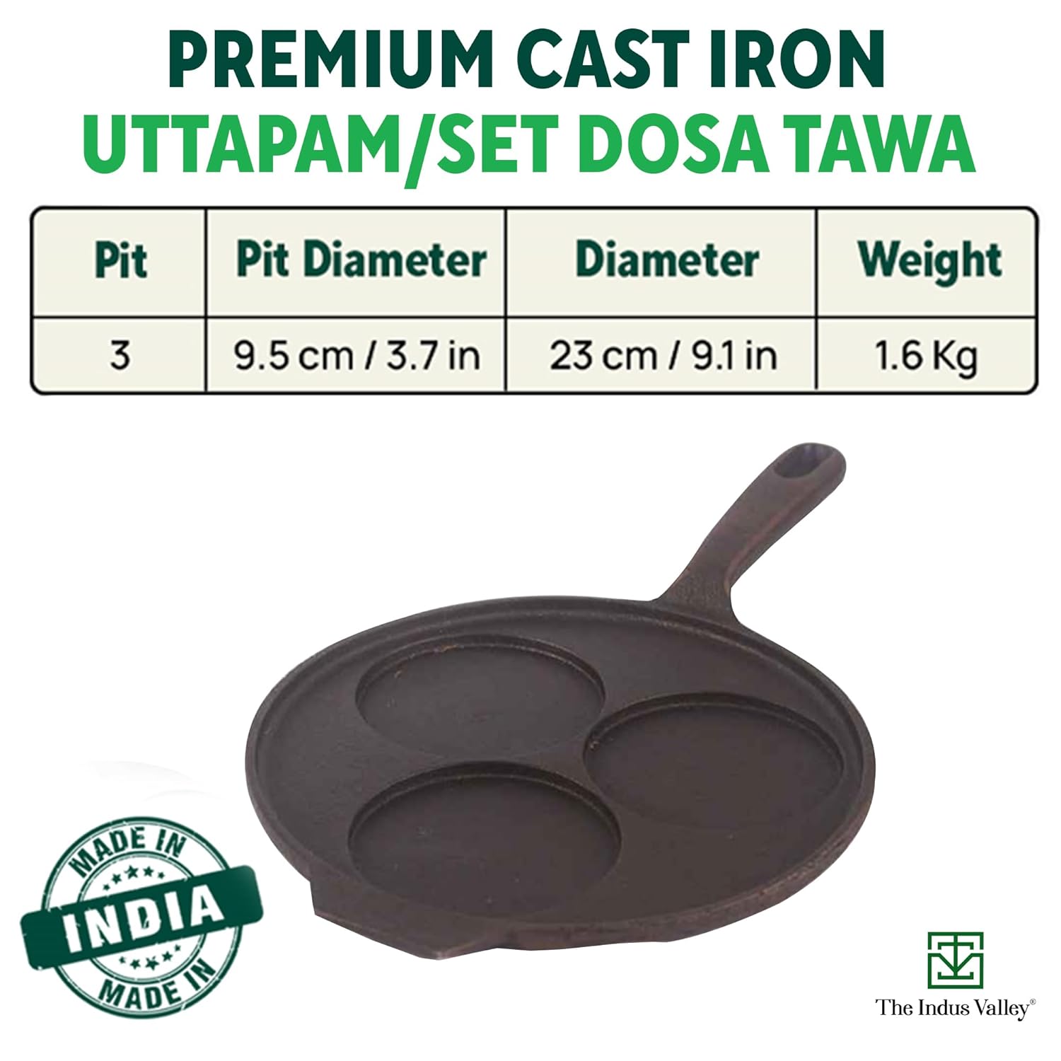 Pre-Seasoned Black Cast Iron Uttapam Tawa - 3 Pit, 23cm, 9 Inch, 1.6 Kg | Induction Friendly, Naturally Nonstick, 100% Pure & Toxin-Free, No Chemical Coating