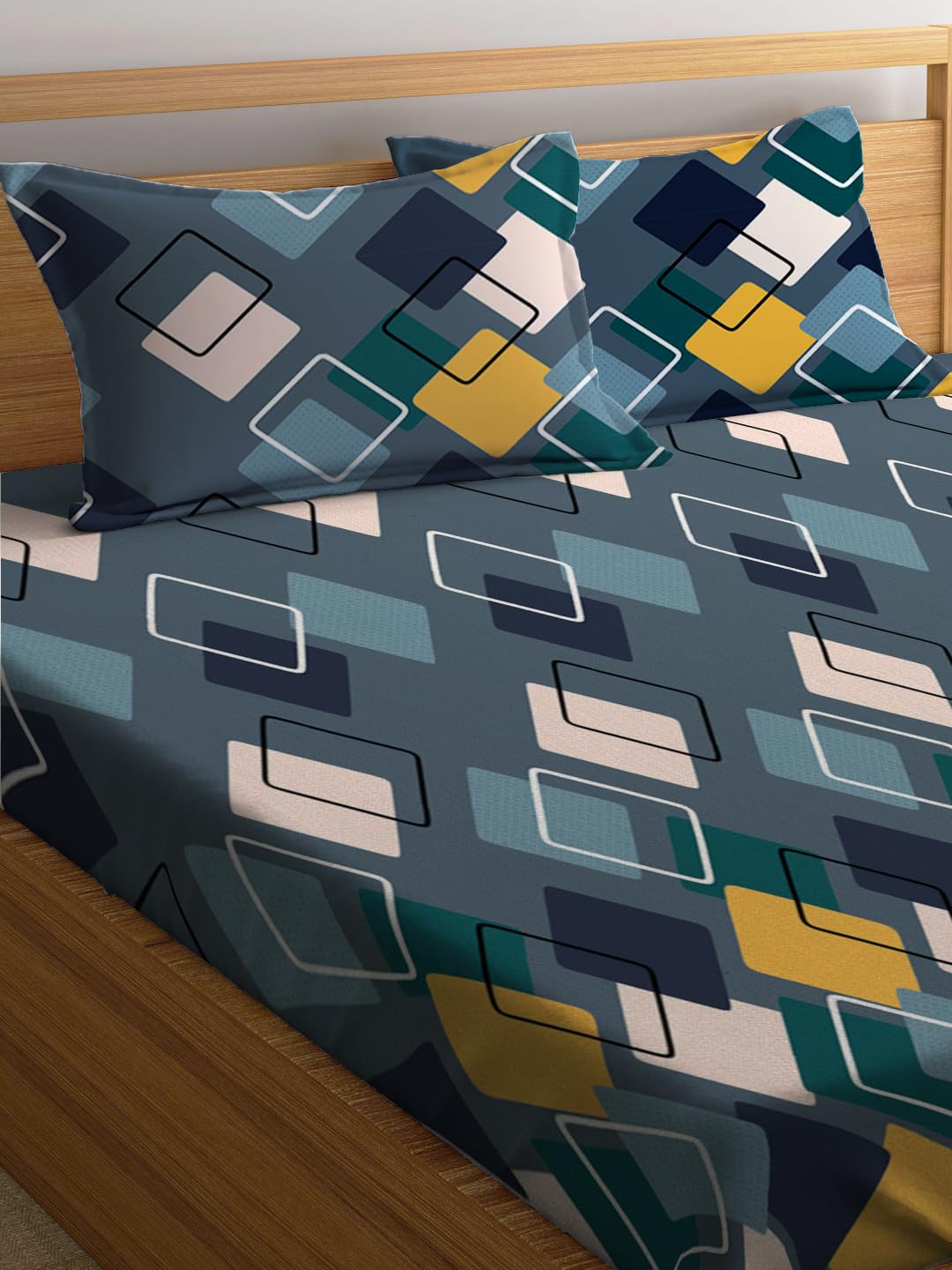 Elastic Fitted Printed Queen Size Double Bed Bedsheet With 2 Pillow Covers | 60 X 78 X 10 Inches, Multicolor | Super Soft Premium Brushed Glace Cotton Material
