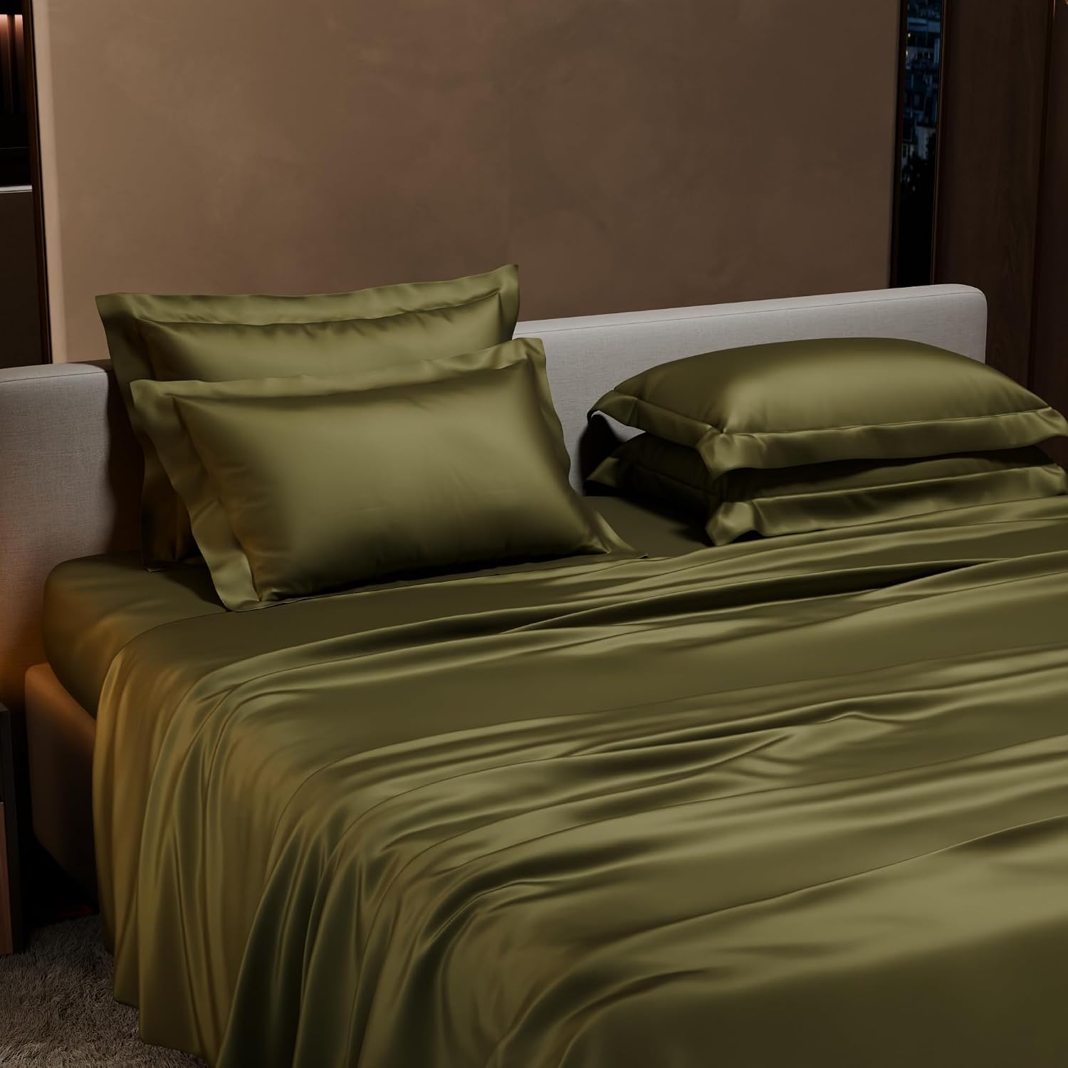 1 Flat Bedsheet King Size With 4 Pillow Cover - 108 X 108 Inches, Olive | Wedding, Bedroom, Date Night Collection | 300 Thread Count