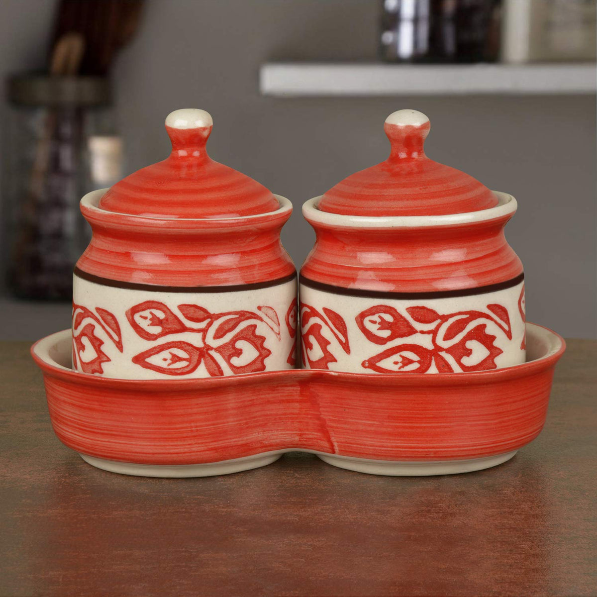 Ceramic Pickle Serving Jar Set With Tray Set Of 2 - 200ml Each, Red & White | Condiment Set - Pickle Jar Set For Dining Table | Masala Container