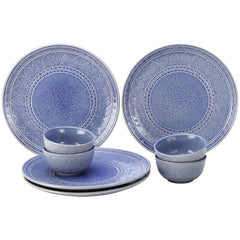 Handcrafted Stoneware Embossed Dinner Set Of 4 - Ceramic Pack Of 8 Pcs, Mist Blue | 4 Dinner Plates + 4 Bowl Or Katoris, 180ml Each - Microwave & Dishwasher Safe | Serving For 4