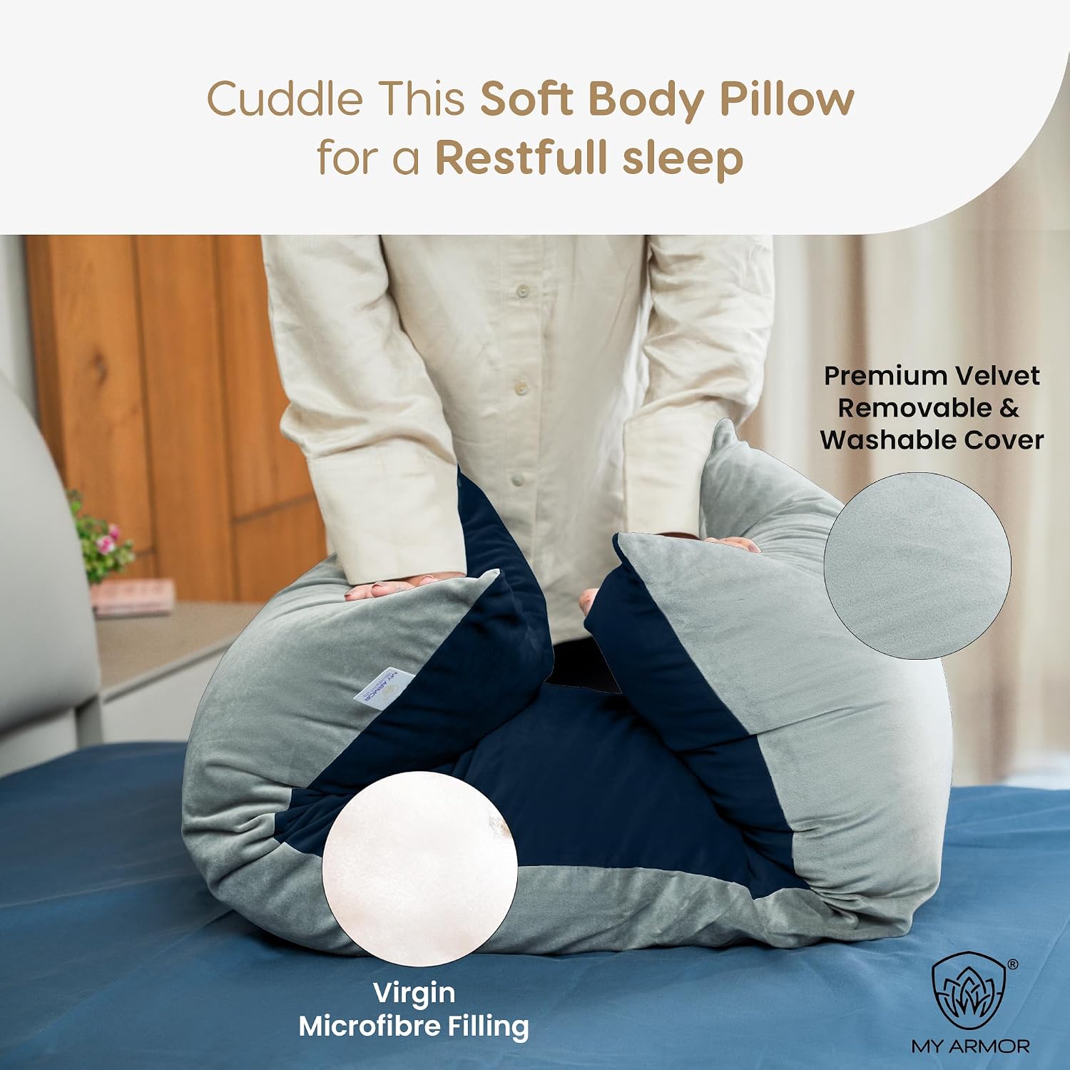 Microfiber Body Side Pillow For Sleeping For Pregnancy, Grey & Navy Blue - 53 X 16 Inches | Long Cuddle Pillow For Hugging, Relaxing, Washable, Premium Velvet Outer Cover, Adjustable Pillow