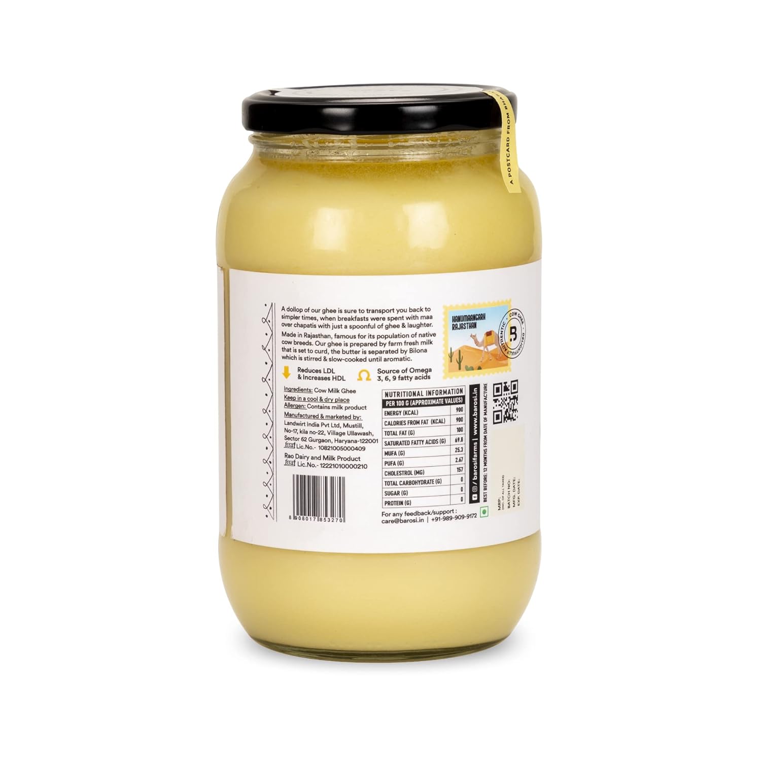 Pure Organic Cultured Desi Cow Ghee By Barosi | Rich In Vitamins A, E & Healthy Cow Desi Ghee Good For Glowing Skin | (1 Litr) 33.8 Ounce | Jar Pack