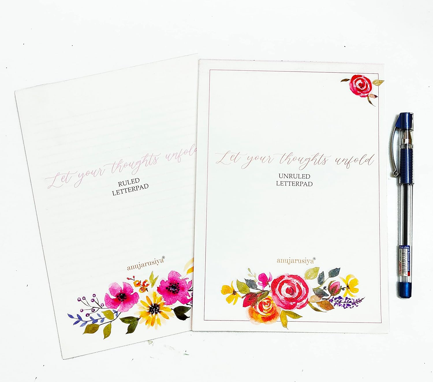 Floral Letter Pad, A5 Writing Paper, 20 Ruled + 20 Plain Sheets, Natural Shade Bond Paper