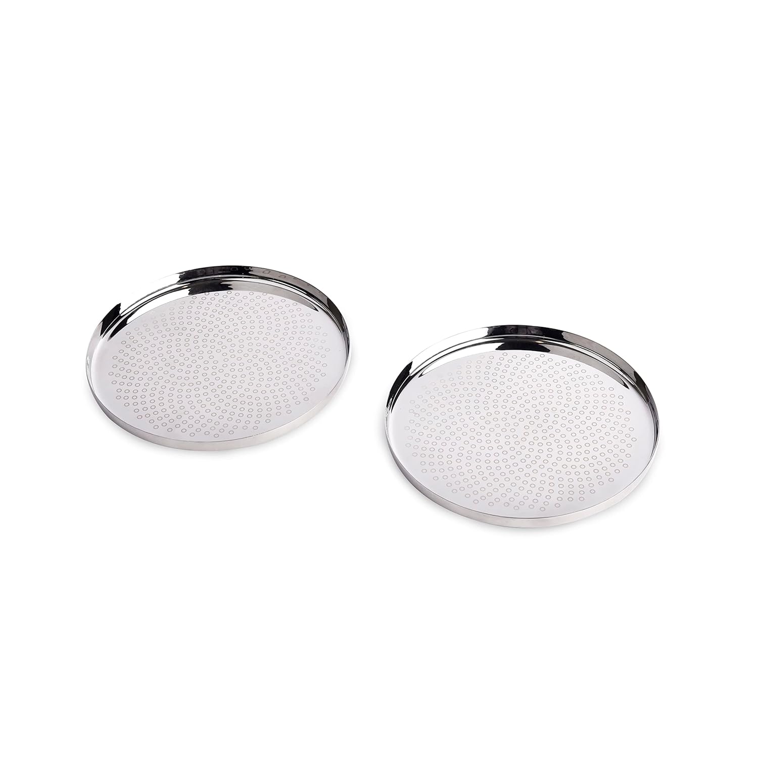 Designer Silver Stainless Steel Dry Fruit Tray Set Of 2 - Polka Series | Designer Steel Rajbhog Snack Side Plate - Multipurpose Small Thali Serving Platter | Serve Ware & Tableware